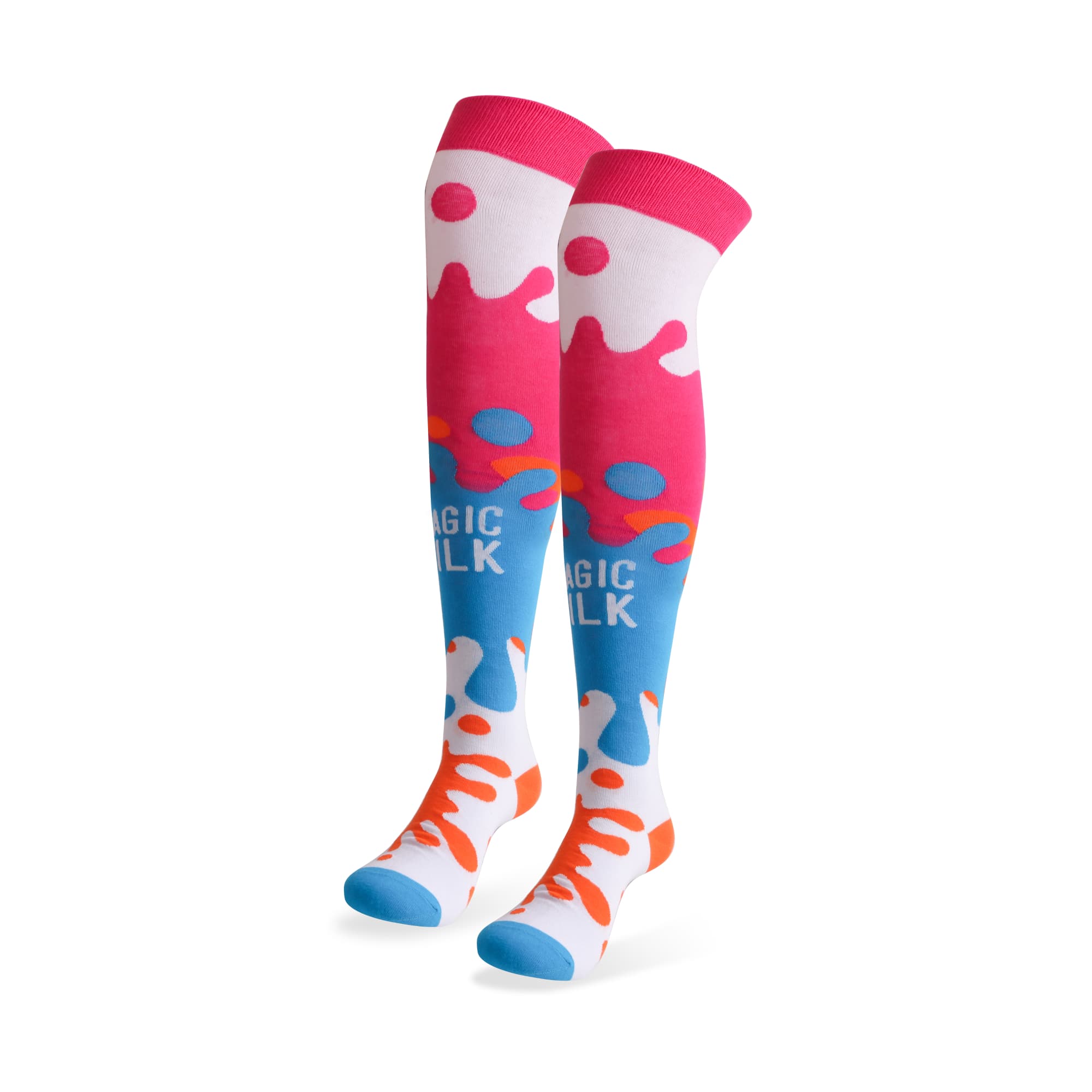 Knee high custom pattern socks in pink, blue, and orange with a playful design and a logo. Knee High Custom Pattern Socks - Image 1