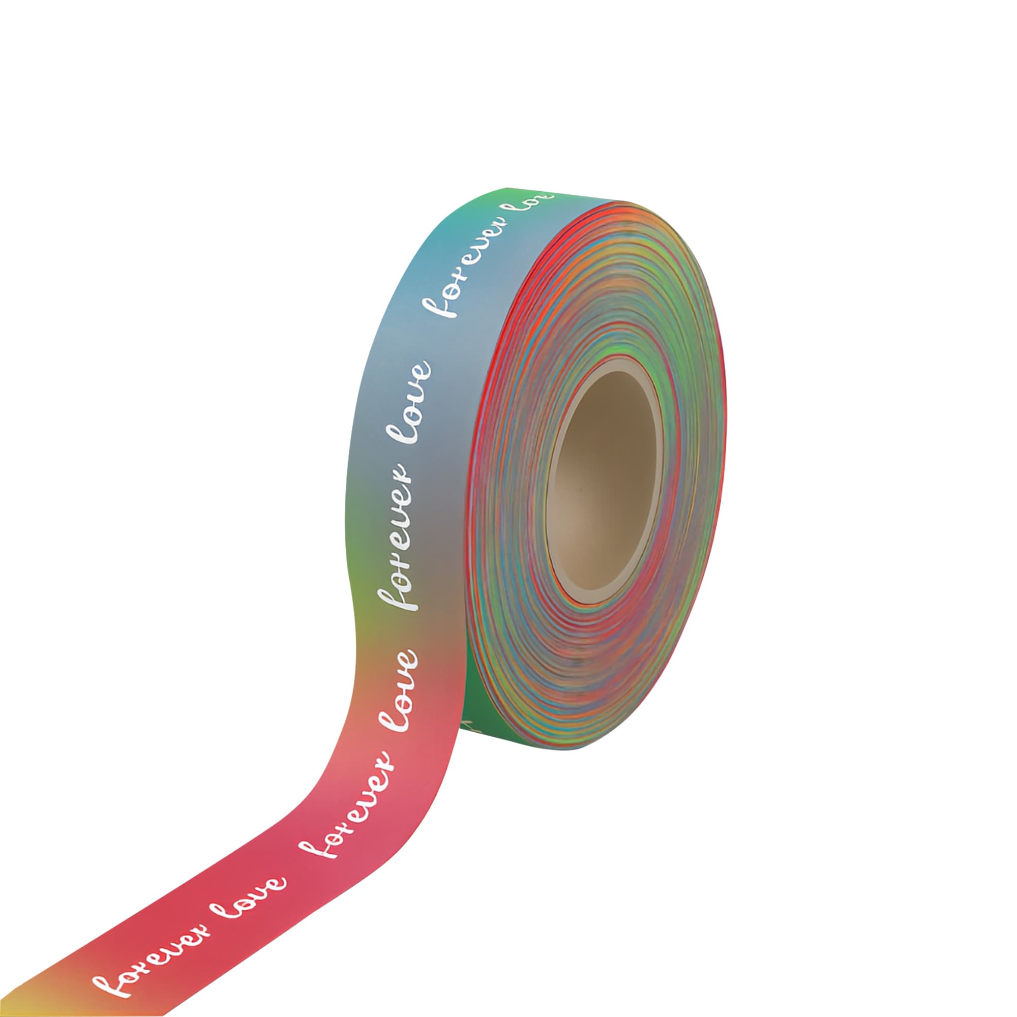 A roll of rainbow satin polyester ribbon featuring a gradient of colours with the phrase "forever love" printed on it. 19mm Rainbow Satin Polyester Ribbon - Image 1