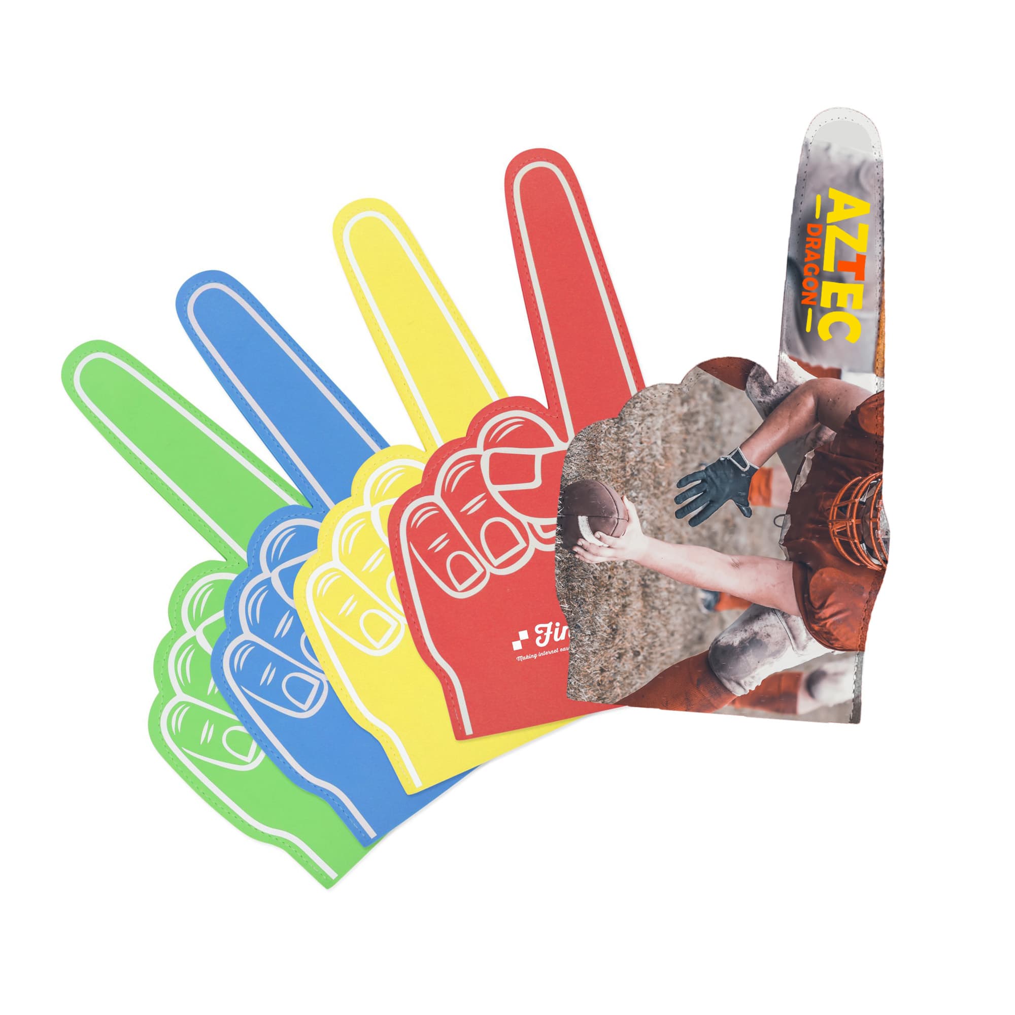 A collection of giant foam hands in green, blue, yellow, and red, featuring a logo and an image of a player. Giant Foam Hand - Image 1