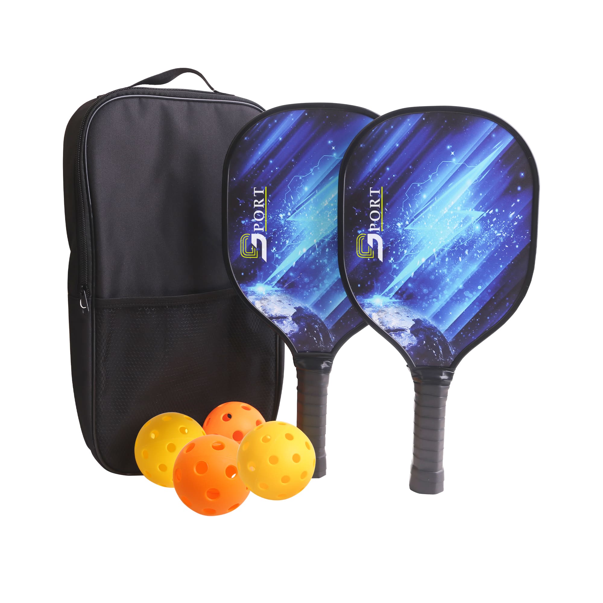 A wooden pickleball set featuring two paddles with a blue design, three orange balls, and a black carrying bag. Wooden Pickleball Set - Image 1