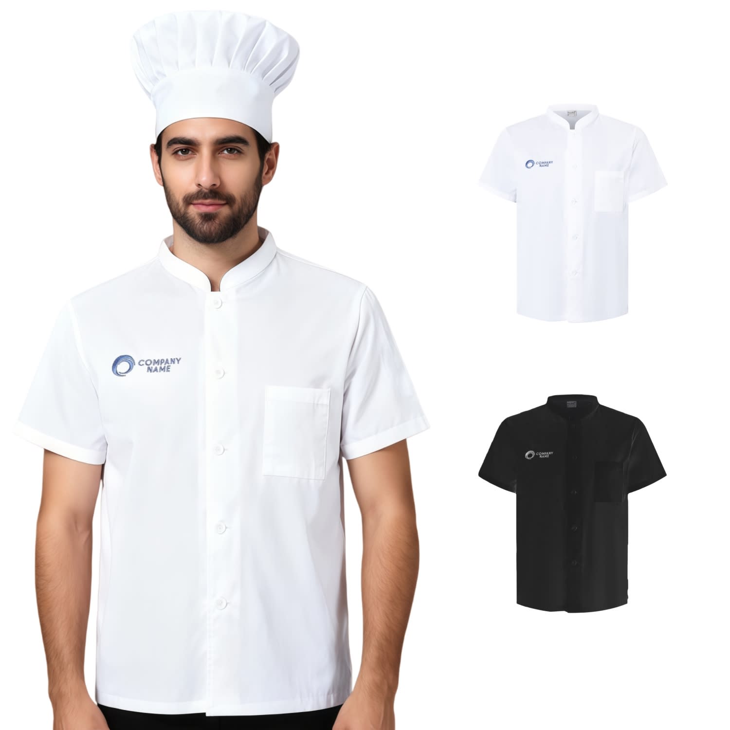 A chef wearing a white short-sleeved single-breasted jacket with a logo, accompanied by black and white variations. Classic Short Sleeves Single Breasted Chef Jacket - Image 1