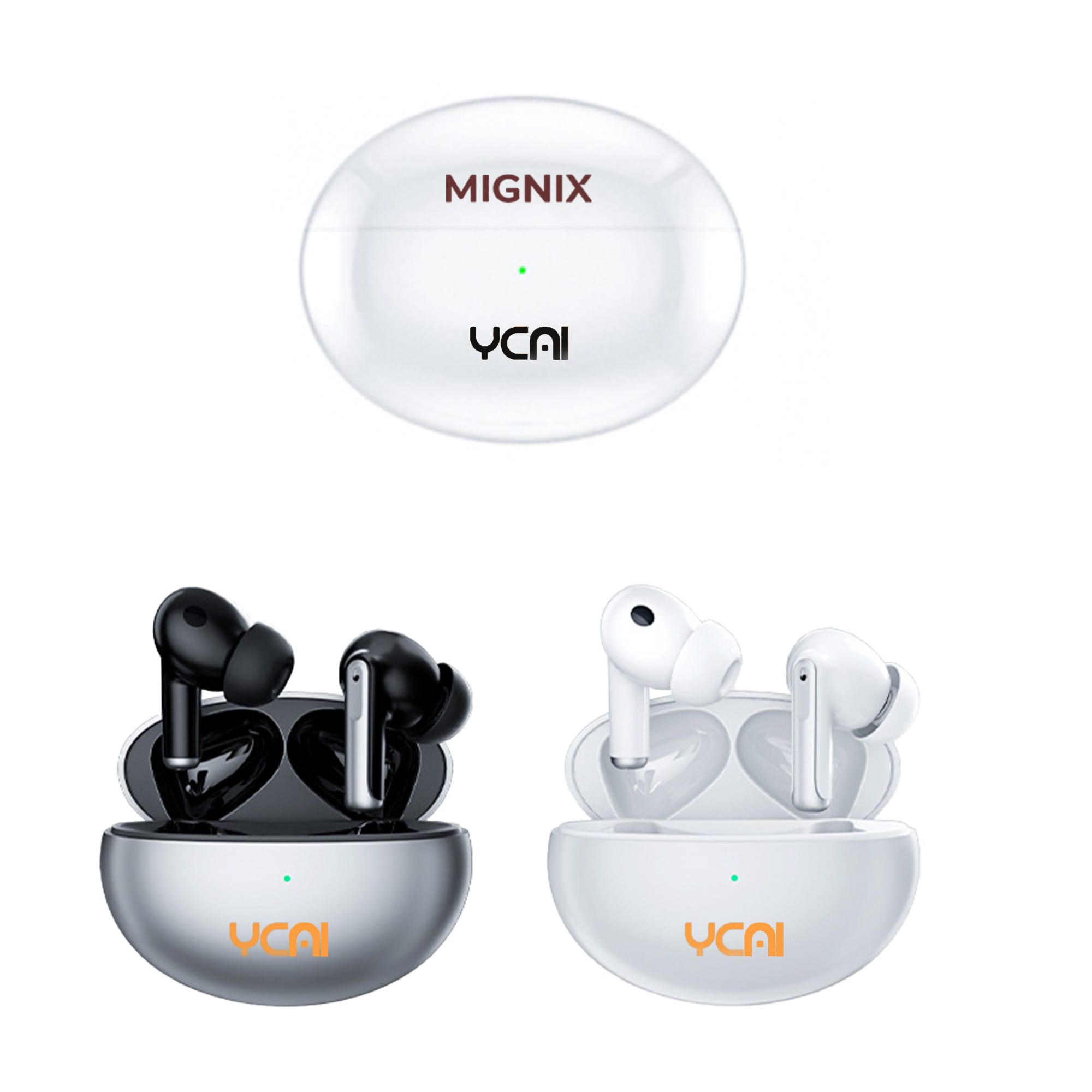 Active noise cancelling wireless earbuds in black and white, stored in a sleek charging case with a logo. Active Noise Cancelling Wireless Earbuds - Image 1