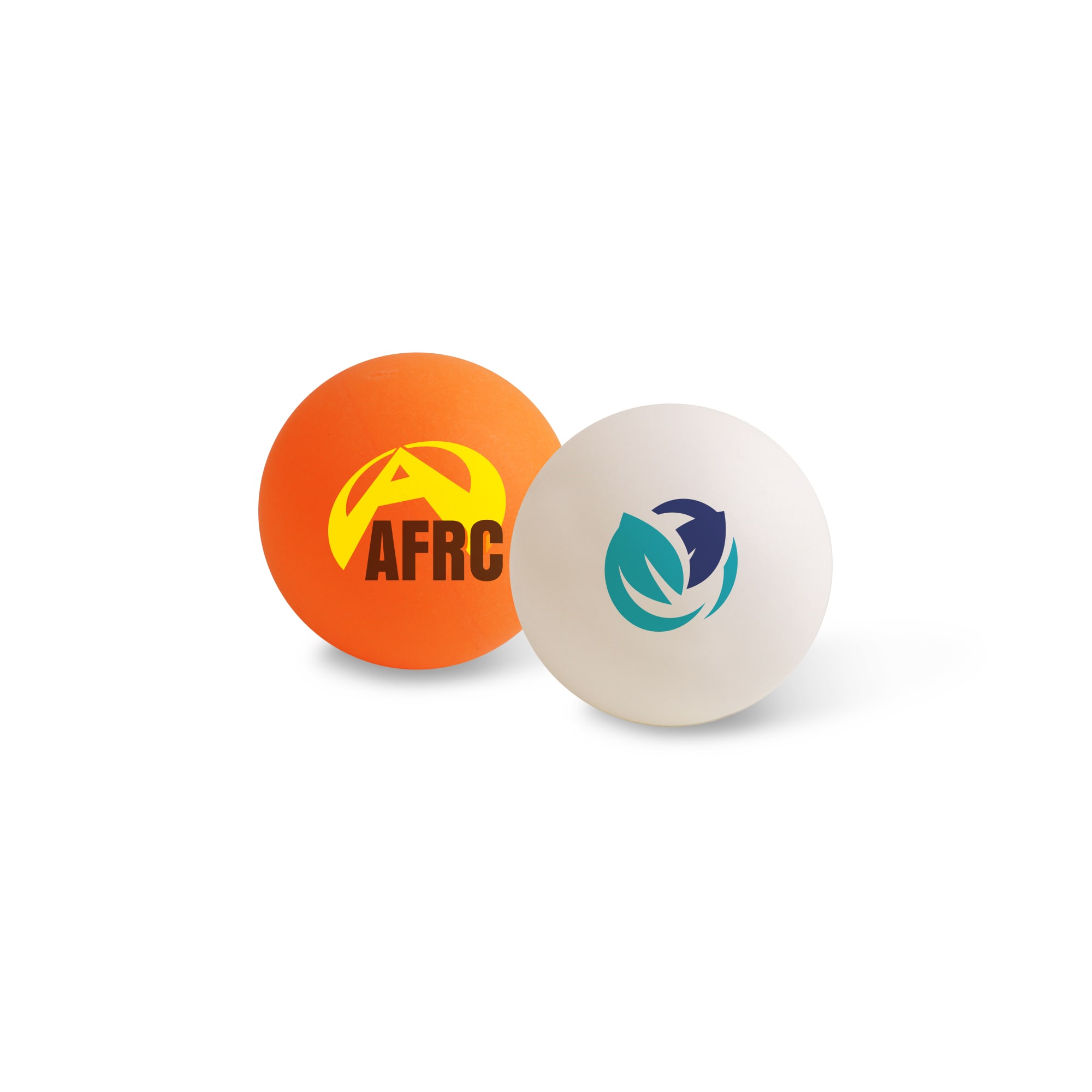 Two table tennis balls, one orange with a logo and one white with a logo, displayed on a white background. Table Tennis Ball - Image 1