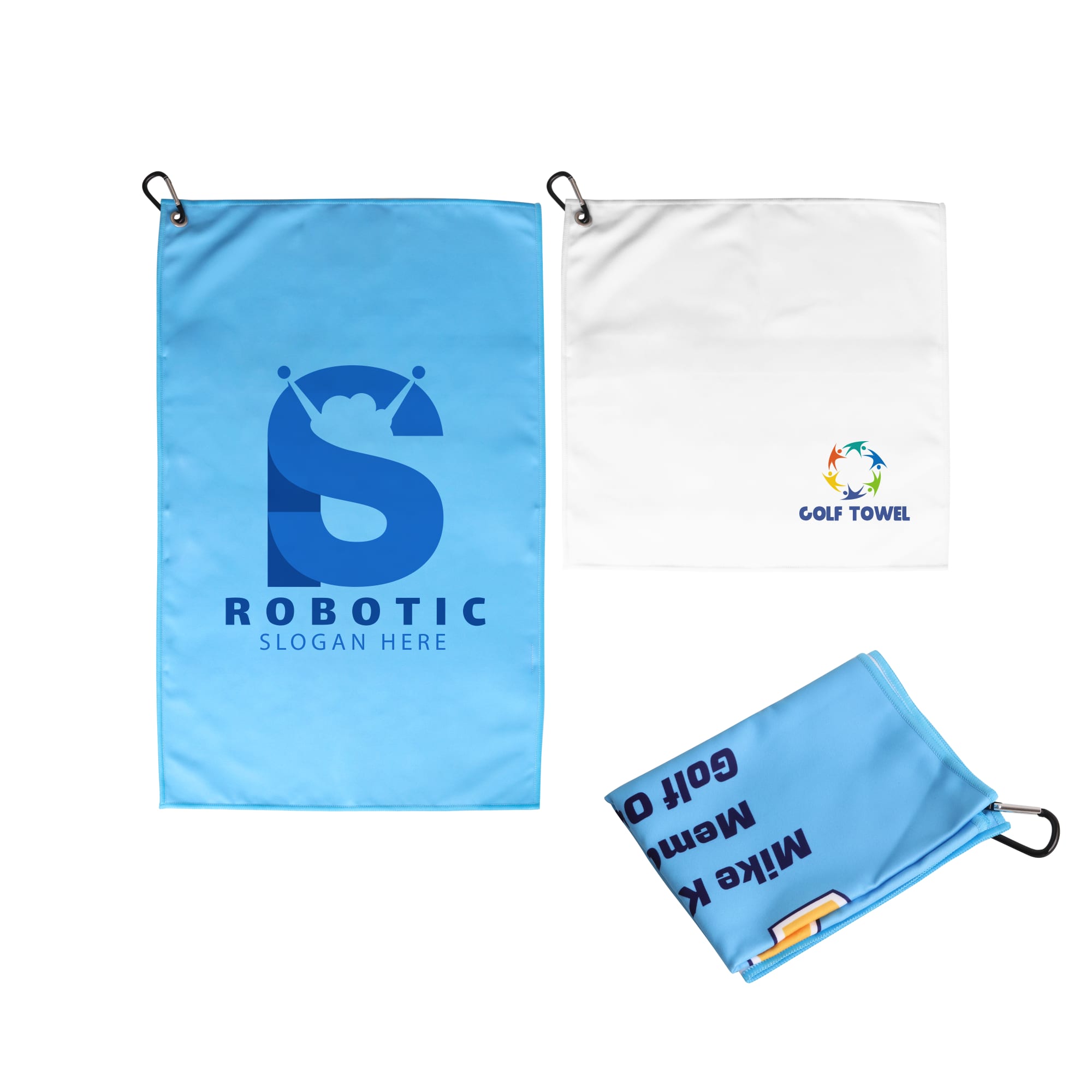 A light blue golf towel featuring a logo, with an additional white towel displayed. Golf Towel - Image 1