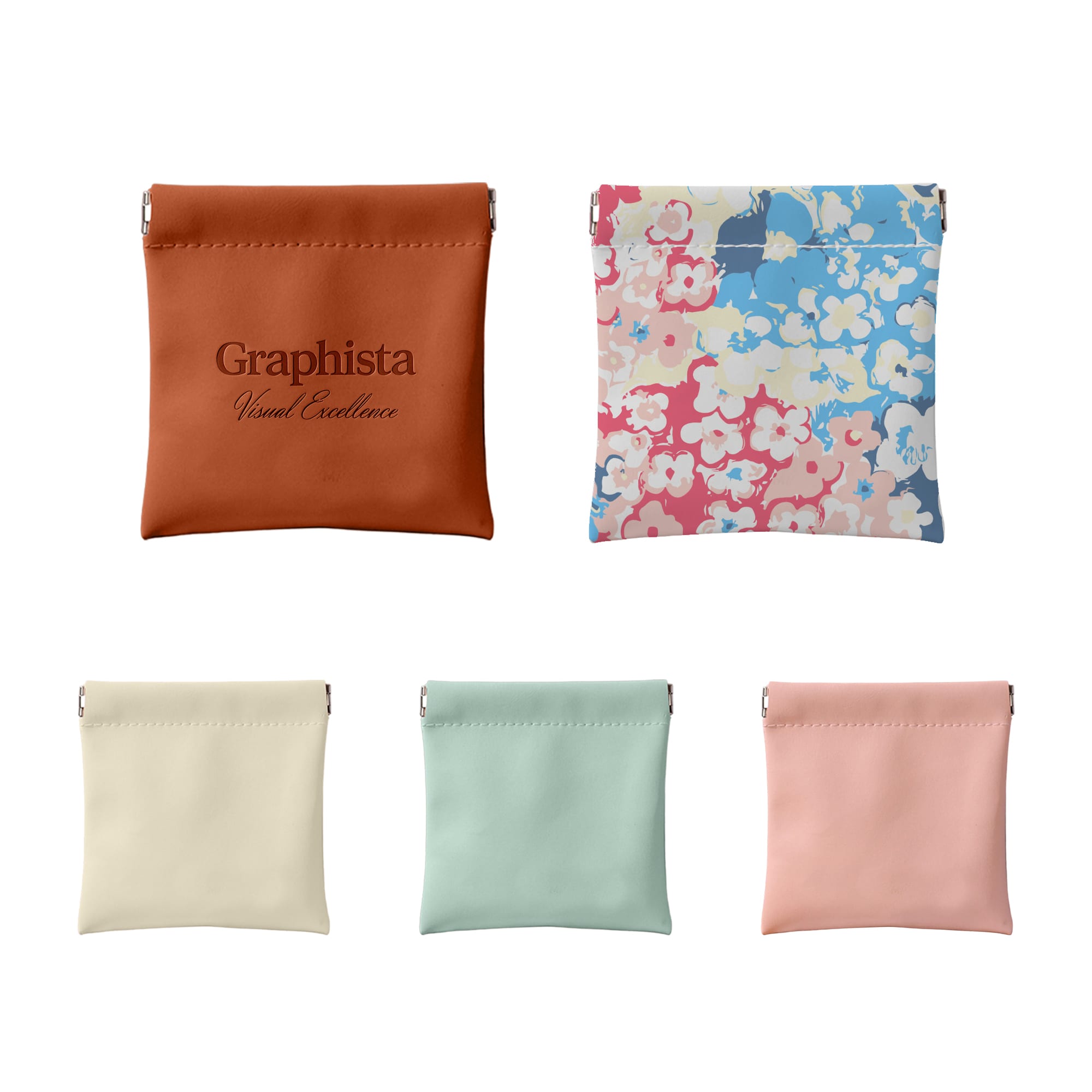 A selection of small pocket cosmetic bags in orange, mint green, cream, and pink with a floral design, featuring a logo. Small Pocket Cosmetic Bag - Image 1