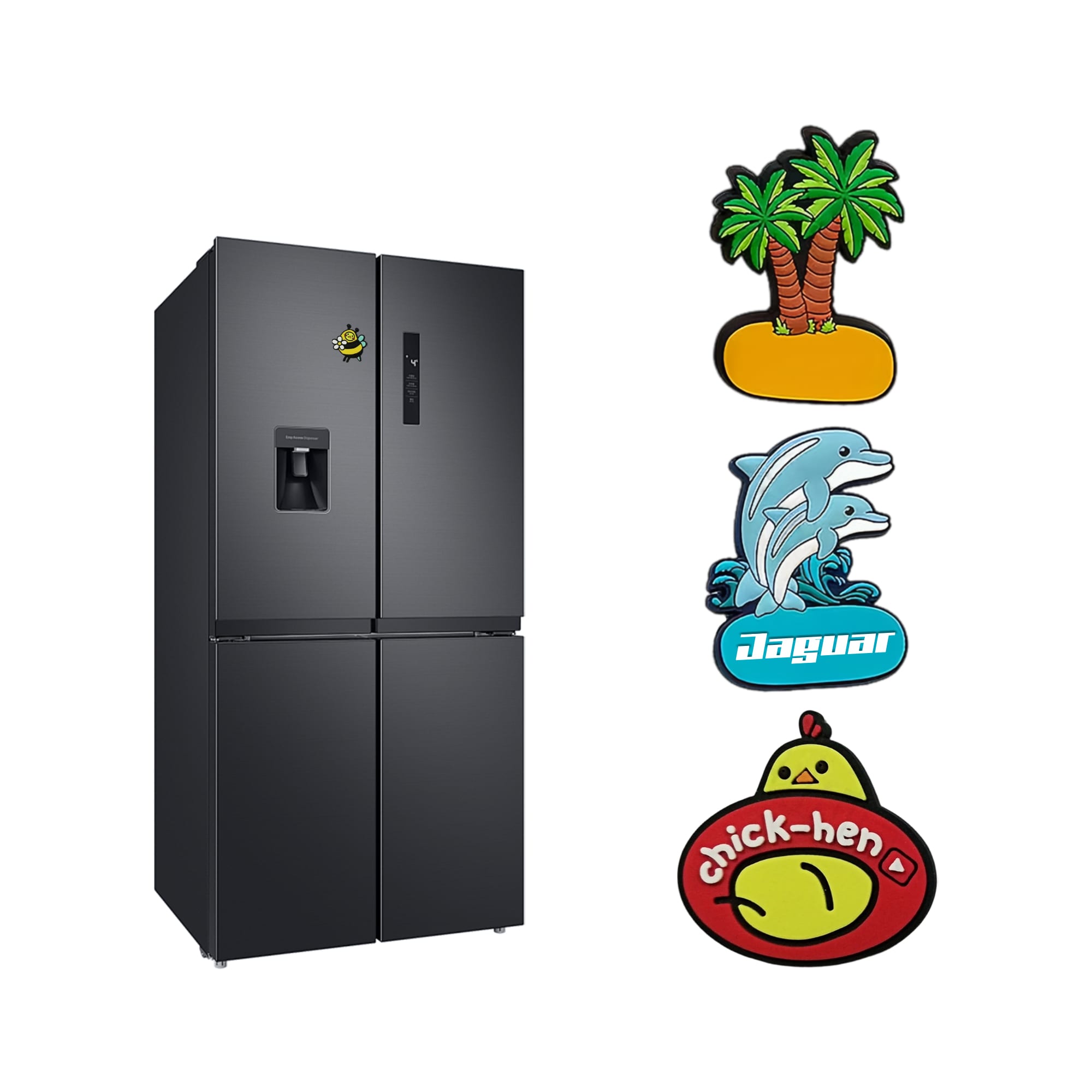 A black fridge with colourful PVC fridge magnets featuring a palm tree, dolphins, a jaguar, and a chicken. PVC Fridge Magnets - Image 1