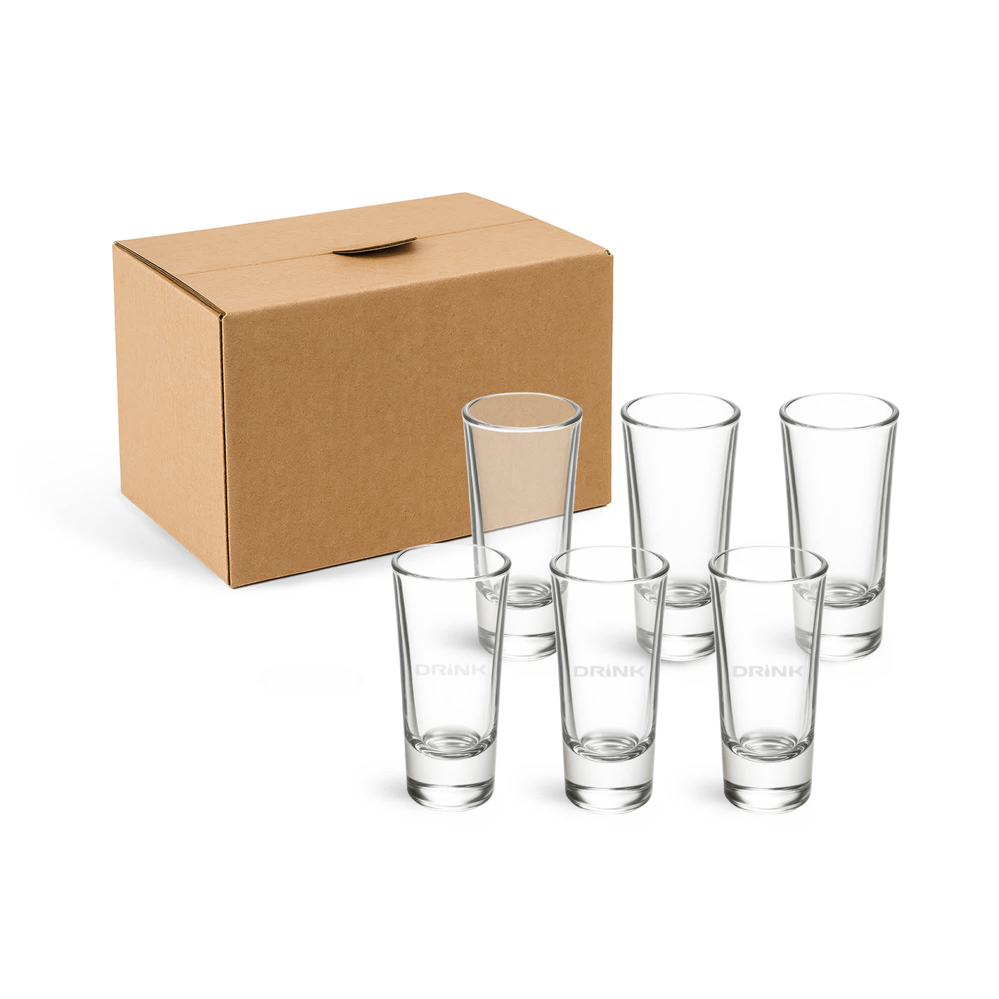 A set of six clear glass shot glasses beside a cardboard box. The glasses are tall and slender. 60ml Shot Glass (6 pcs) - Image 1
