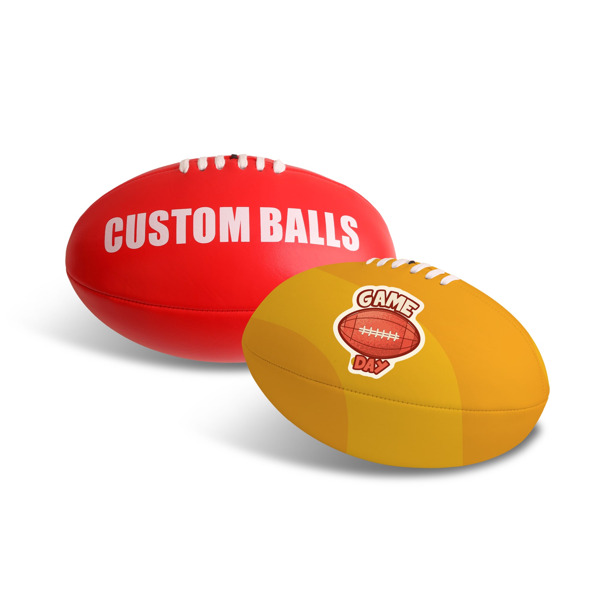 Two promotional AFL balls, one red with white lettering and one yellow with a logo, featuring classic stitching. Aussie Rules Promotional Ball - Image 1