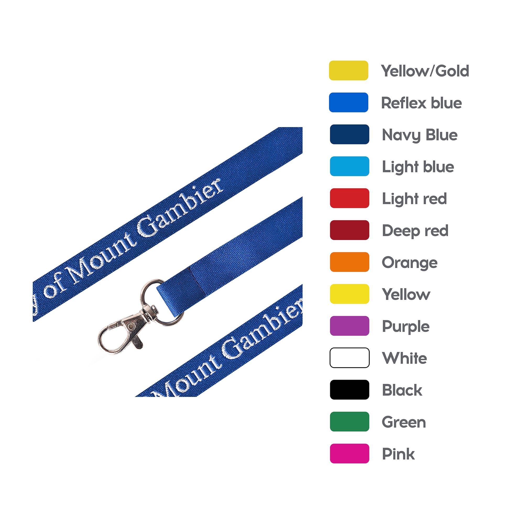 A blue woven lanyard featuring a metal clip, alongside a colour chart including yellow, orange, and red options. Woven Lanyard - Image 1