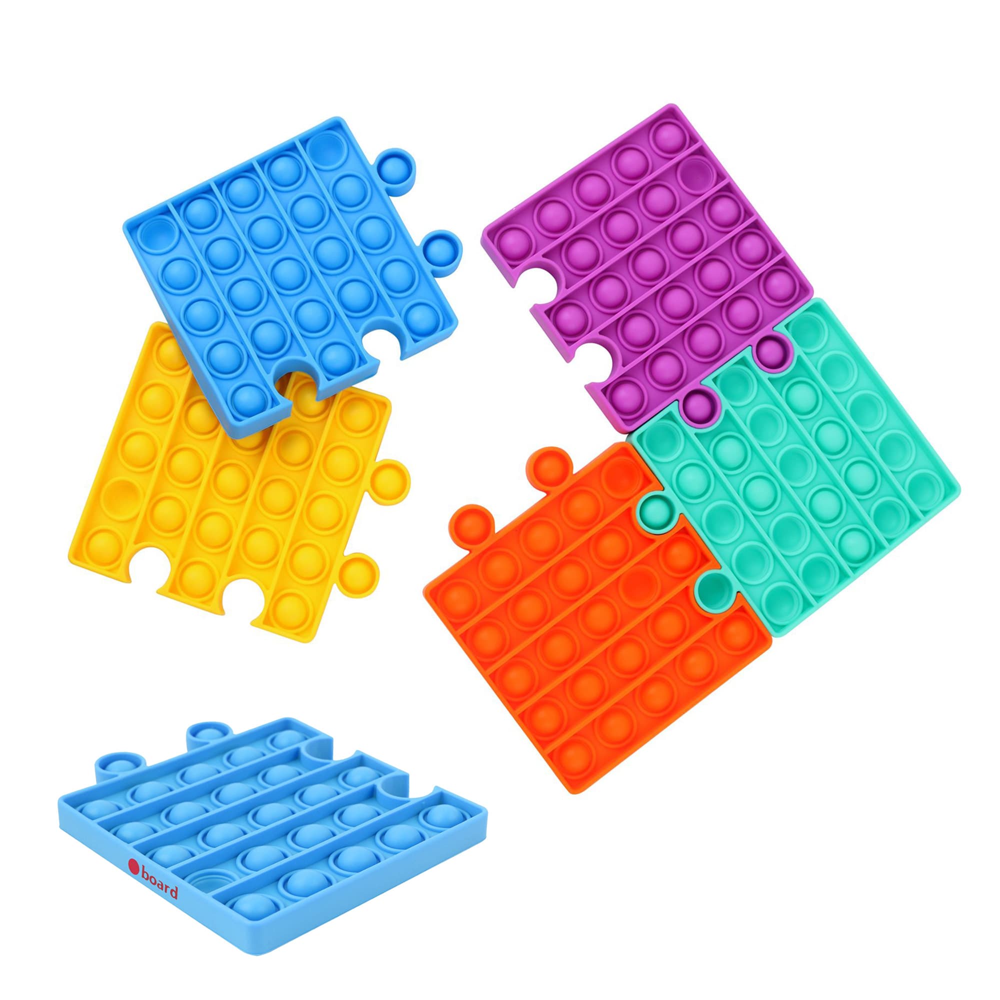 A set of puzzle-shaped Pop It fidget toys in blue, purple, green, orange, and yellow. Each piece features raised bubbles. Puzzle Shape Pop It Fidget Toy - Image 1