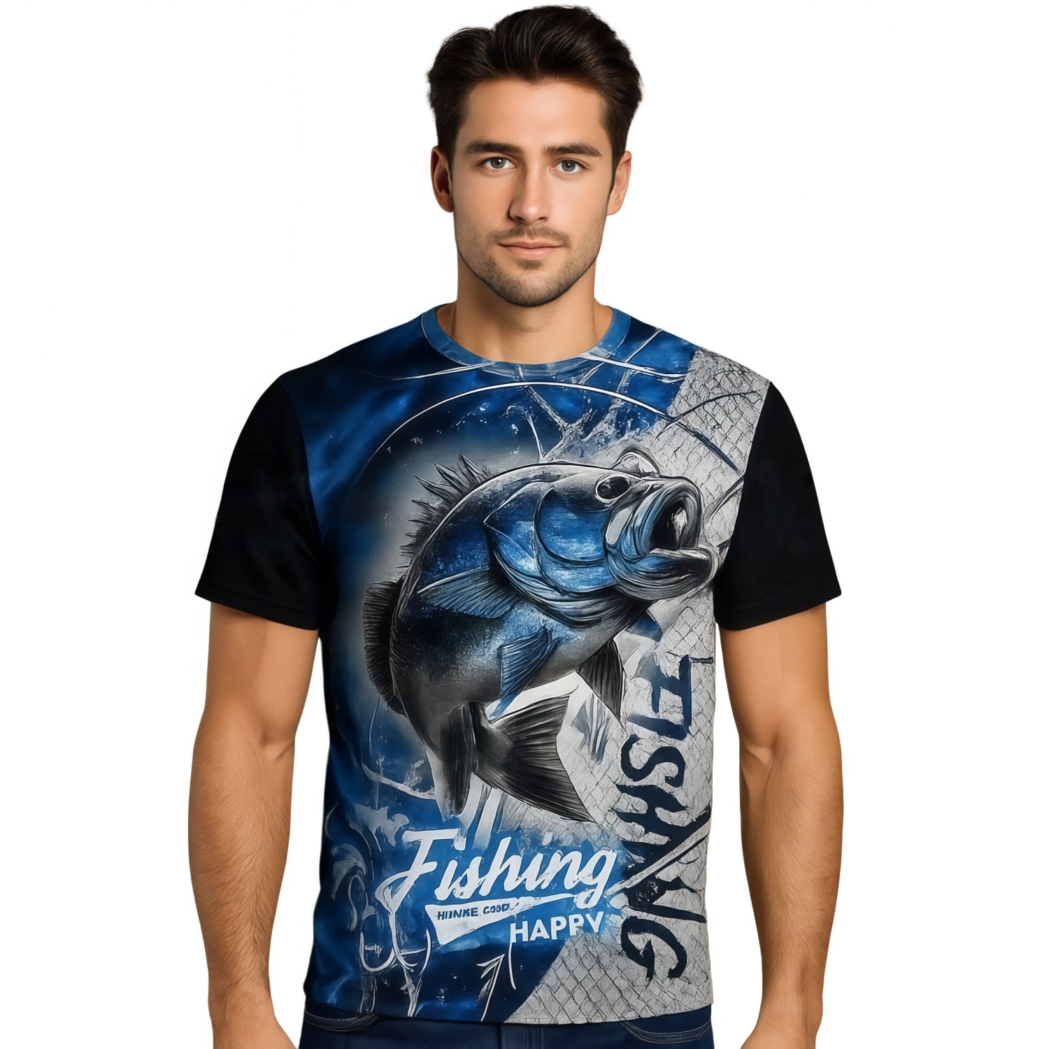 A men's fishing t-shirt featuring a fish graphic in blue and black with a logo. Men's Polyester Spandex Ultra Mesh Sublimated Sun Protection Fishing T-shirt - Image 1
