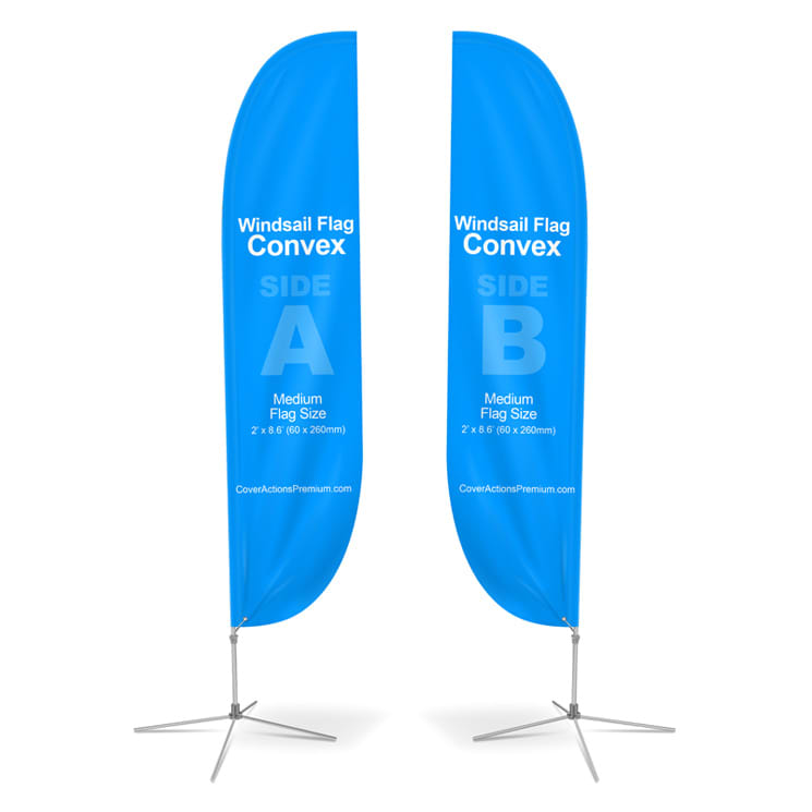 Two large blue convex feather banners, featuring a logo, designed for promotional use, displayed on stands. Large(80.5*400cm) Convex Feather Banners 15ft - Image 1