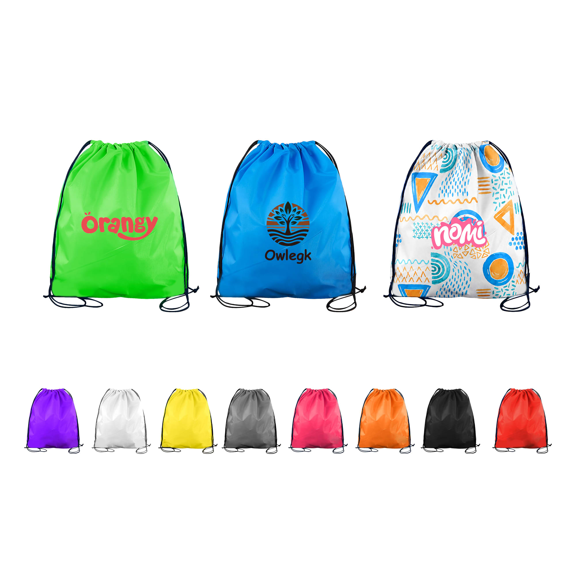 A variety of drawstring bags in green, purple, yellow, silver, black, and orange, featuring different designs and logos. Normal Polyester Drawstring Bag - Image 1