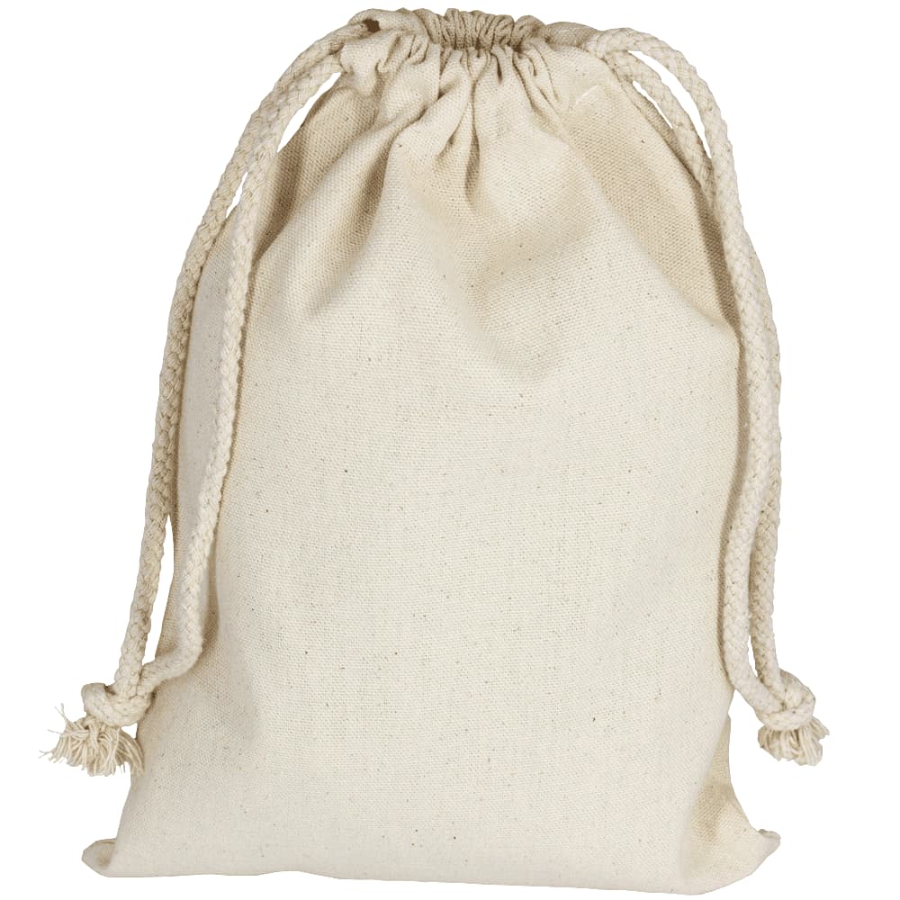A cream coloured cotton drawstring bag with braided rope ties and a simple design. It features a logo design. Maxi 100% Cotton Drawstring Bag - Image 1