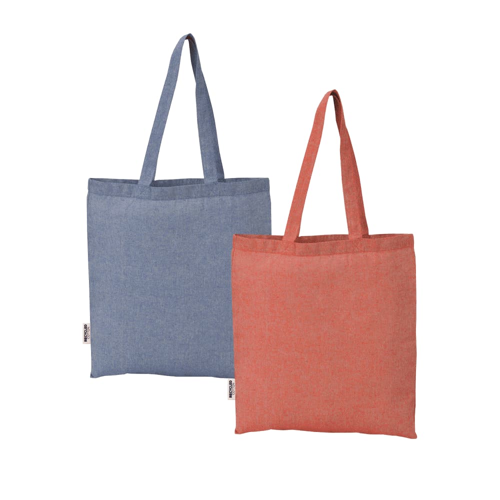 Two tote bags made of recycled cotton twill, one in light blue and one in coral orange, each with handles and a logo. Recycled Cotton Twill Tote - Image 1