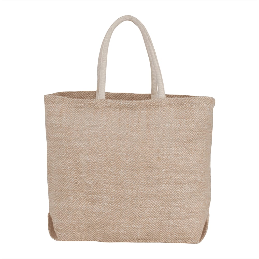 A herringbone patterned jute tote bag in beige with light cream handles. It features a logo on the front. Herringbone Jute Tote - Image 1