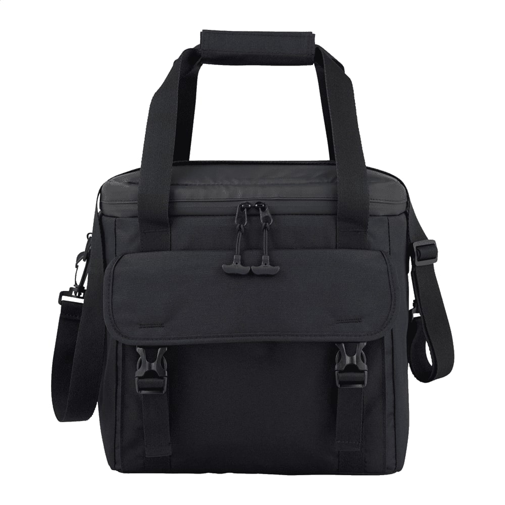 A black cooler bag with a front flap, adjustable shoulder strap, and dual handles for easy carrying. Alfresco Recycled 24 Can Event Cooler - 18.5L - Image 1