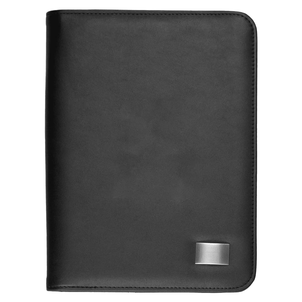 A5 zippered compendium in black, featuring a smooth finish and a metallic logo detail. A5 Zippered Compendium - Image 1