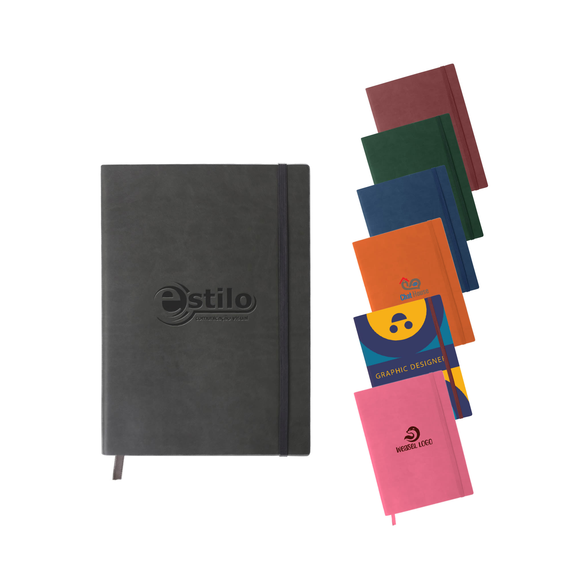 A B5 PU cover notebook in various colours, featuring a logo on the front and a bookmark. B5 PU Cover Notebook - Image 1