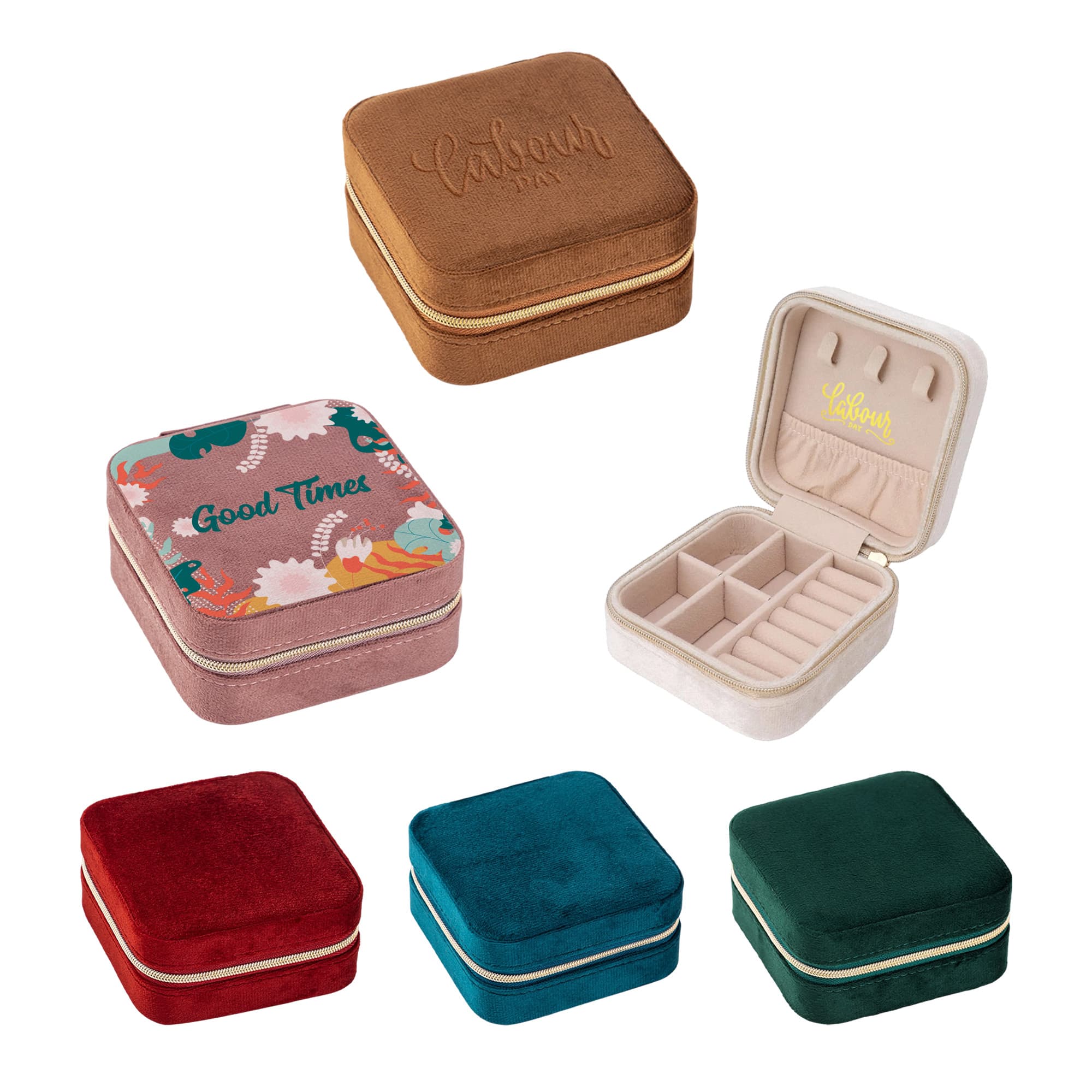A collection of velvet jewellery organisers in various colours, featuring floral designs and a simple interior layout. Velvet Jewellery Organizer - Image 1