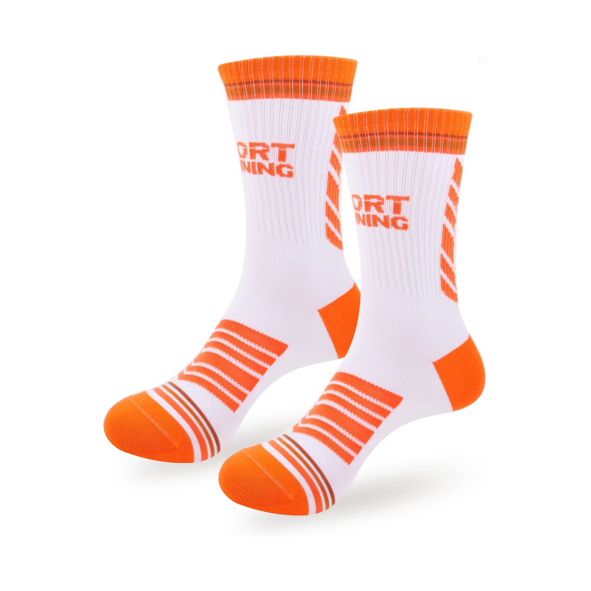 A pair of white sport socks with orange accents and stripes, featuring a logo on the upper part. Crew Woven Sport Socks - Image 1