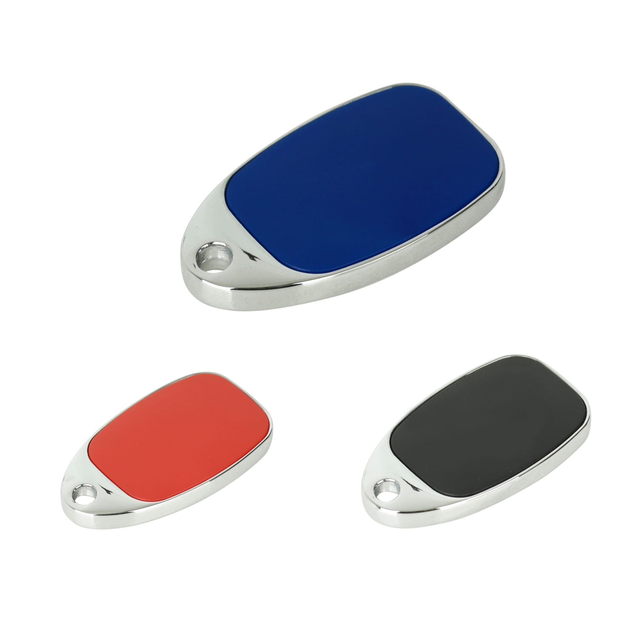 Three sliding epoxy doming flash drives in blue, red, and black, featuring a shiny metallic finish and a logo. Sliding Epoxy Doming Flash Drive - Image 1