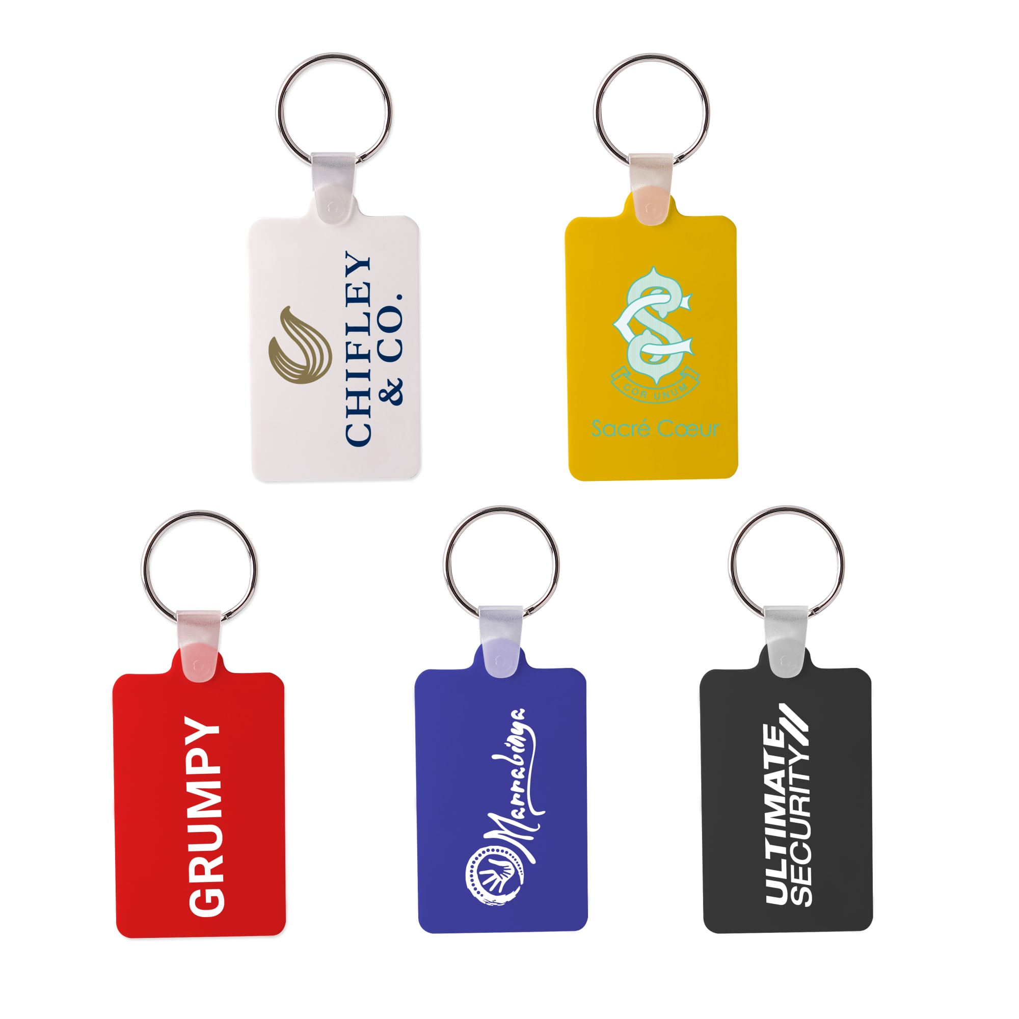 A collection of five rectangular keyrings in various colours, each featuring different logos or branding. Rectangular Durasoft Keyring - Image 1