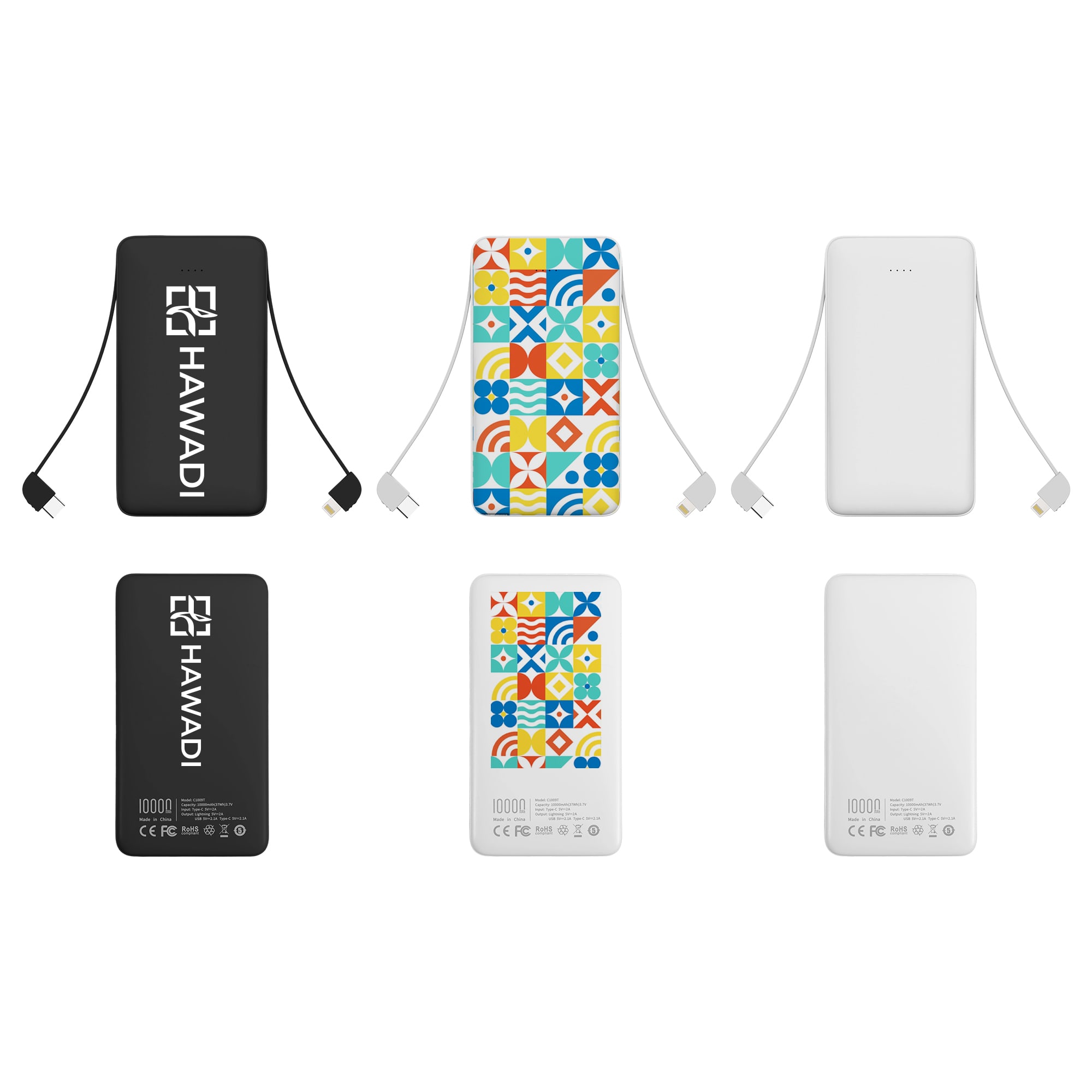 A collection of three power banks in various designs: one black, one white, and one with a colourful pattern, each including a charging cable. 10000mAh Slim Power Bank with Charging Cable - Image 1