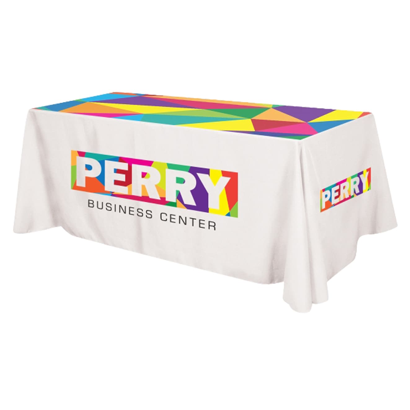 A 3-sided throw table cloth in white with a multicoloured geometric design and a logo. Suitable for a 4ft table. 3-Sided Throw Table Cloth * 4ft - Image 1