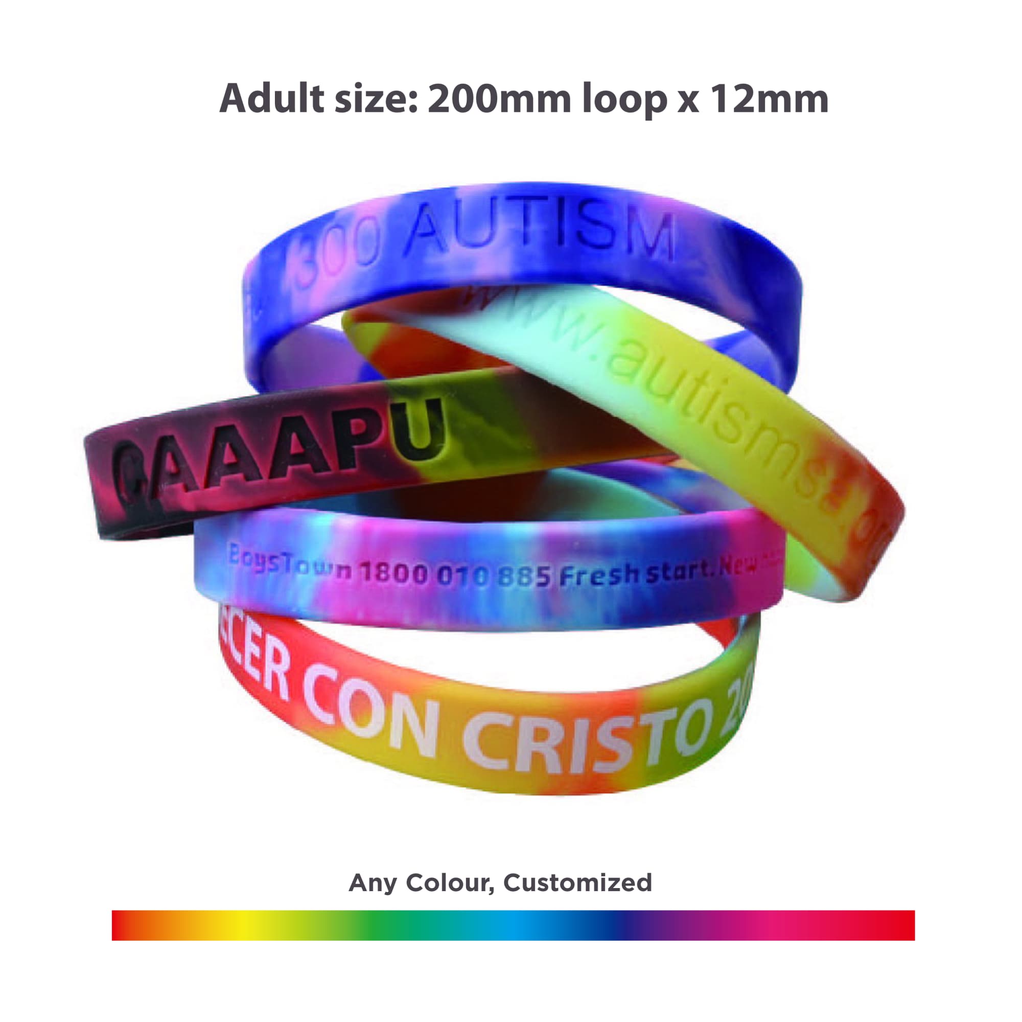 A collection of silicone wristbands in various marble colours, featuring different designs and a logo. Marble Coloured Wristband - Image 1