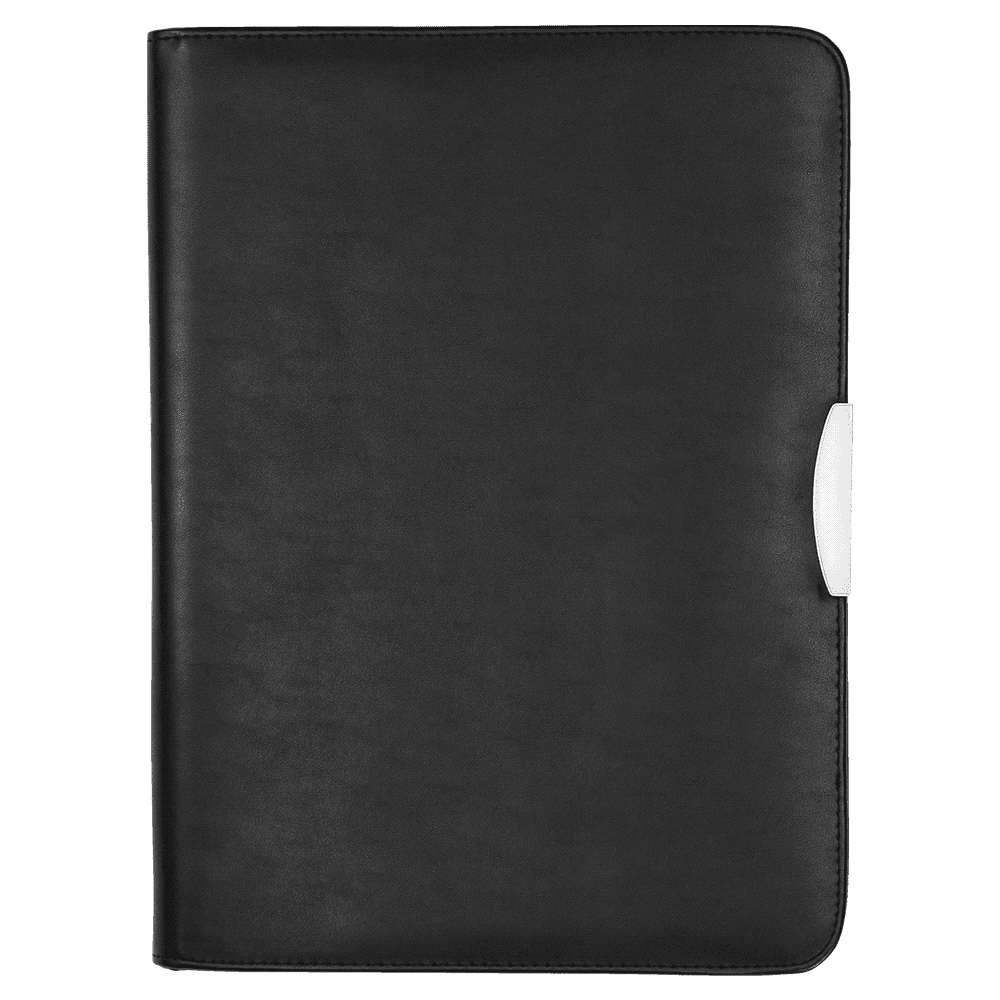 A black A4 zip compendium with a white closure, featuring a calculator and a logo. The Stella A4 Zip Compendium w/ Calculator - Image 1