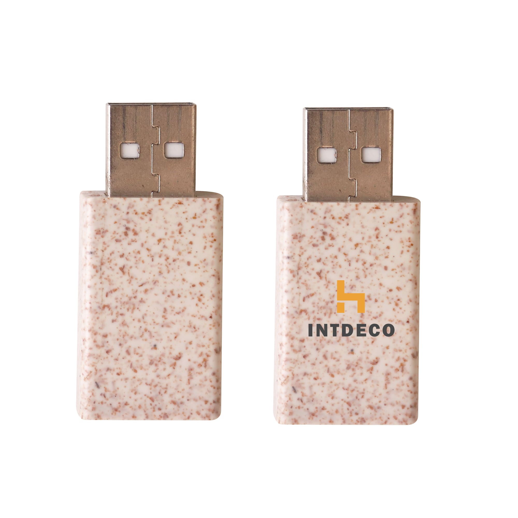 A wheat straw USB data blocker in a speckled light beige colour, featuring a logo on the side. Wheat Straw USB Data Blocker - Image 1