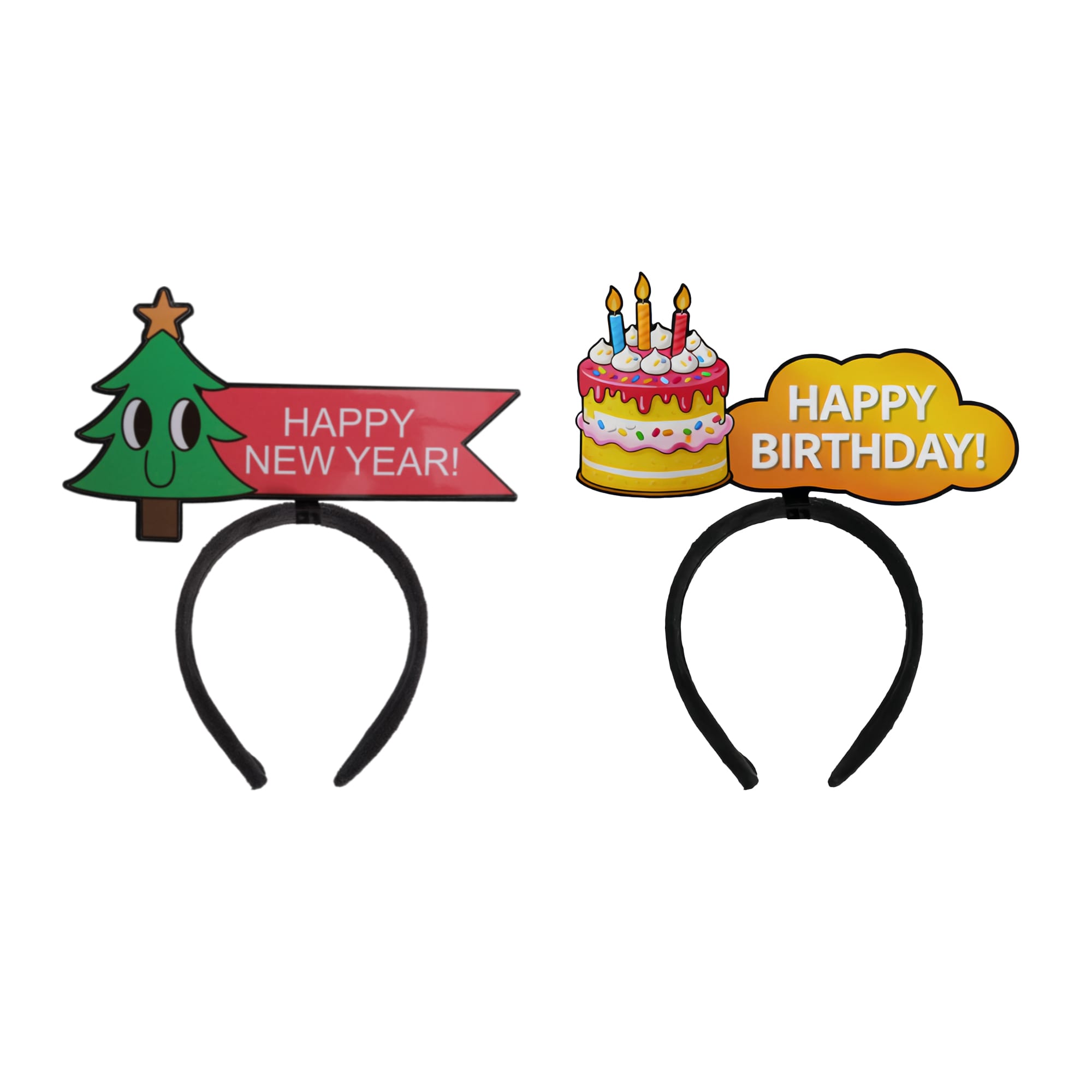 A glossy coated headband with a Christmas tree and a birthday cake design, featuring festive colours and a logo. Glossy Coated Topper Headband - Image 1