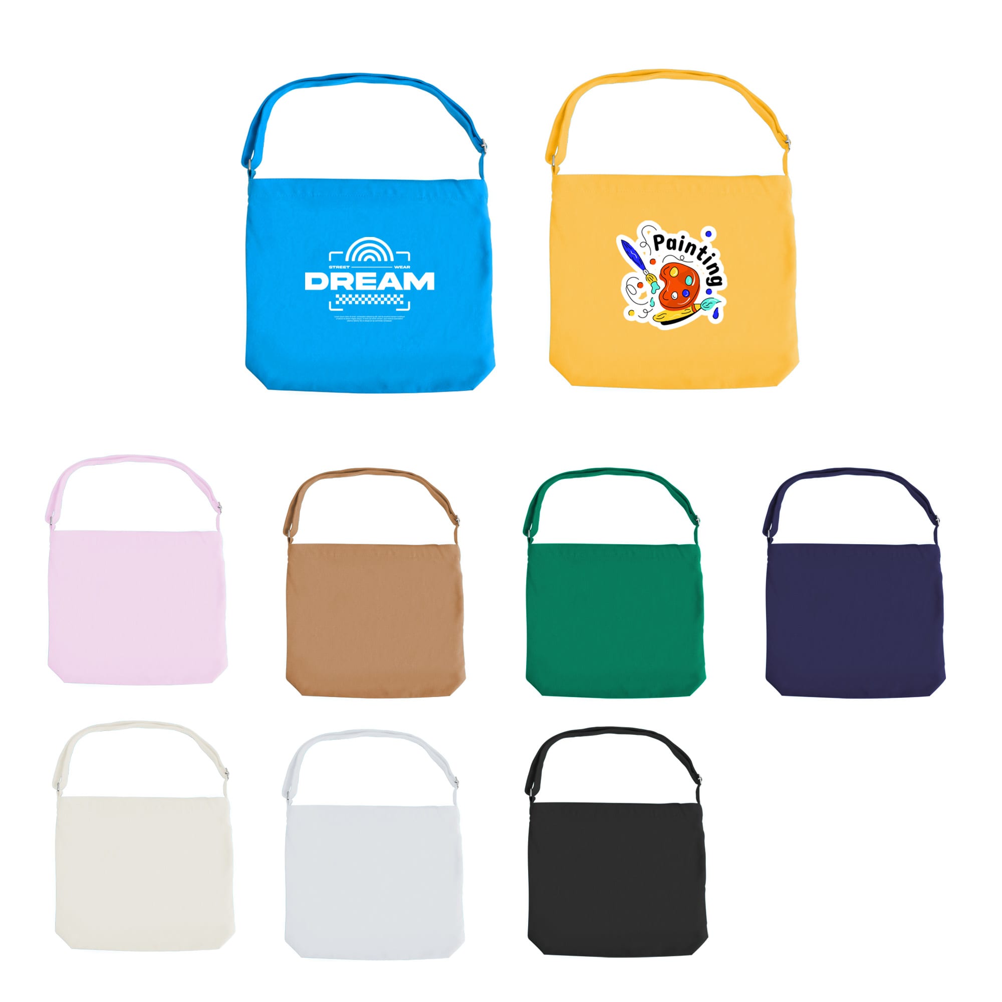 A collection of canvas tote bags in various colours, with long straps and some featuring logos or designs. Canvas Tote Bag with Long Strap - Image 1