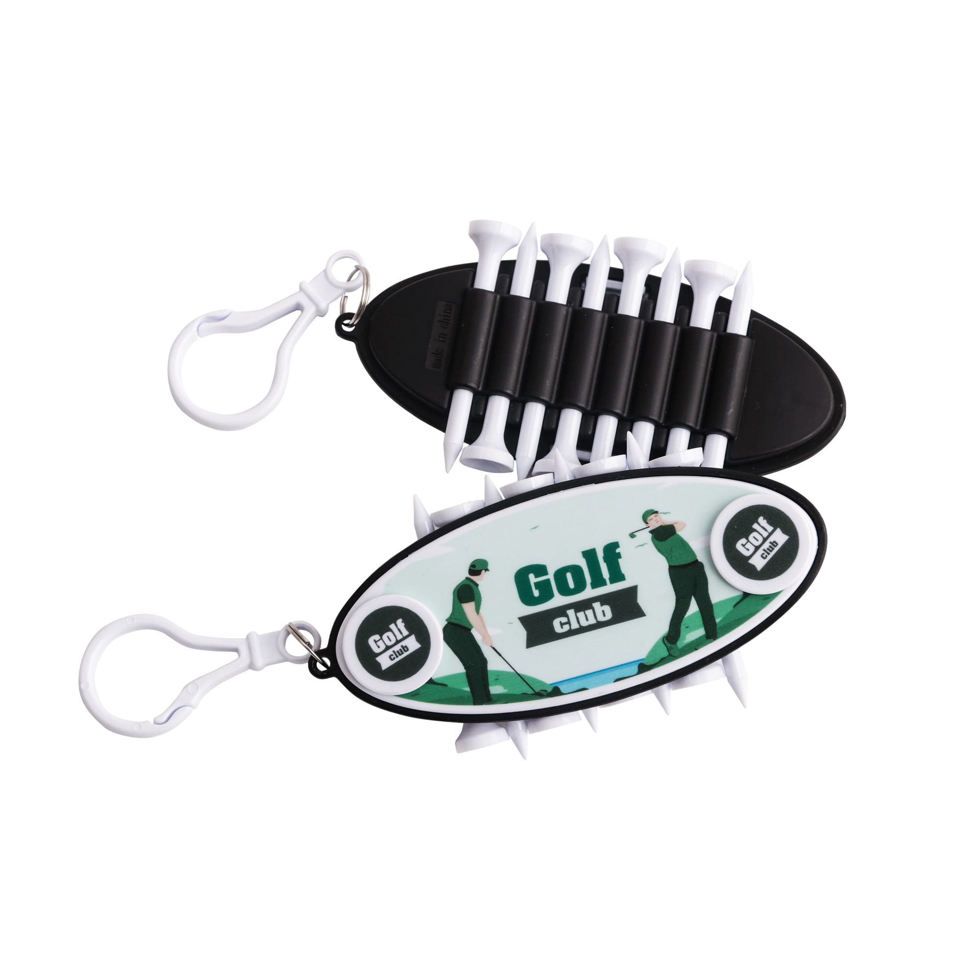A golf tee set featuring white tees, stored in a black and white case with a logo. Includes a clip for attachment. Golf Tee Set - Image 1