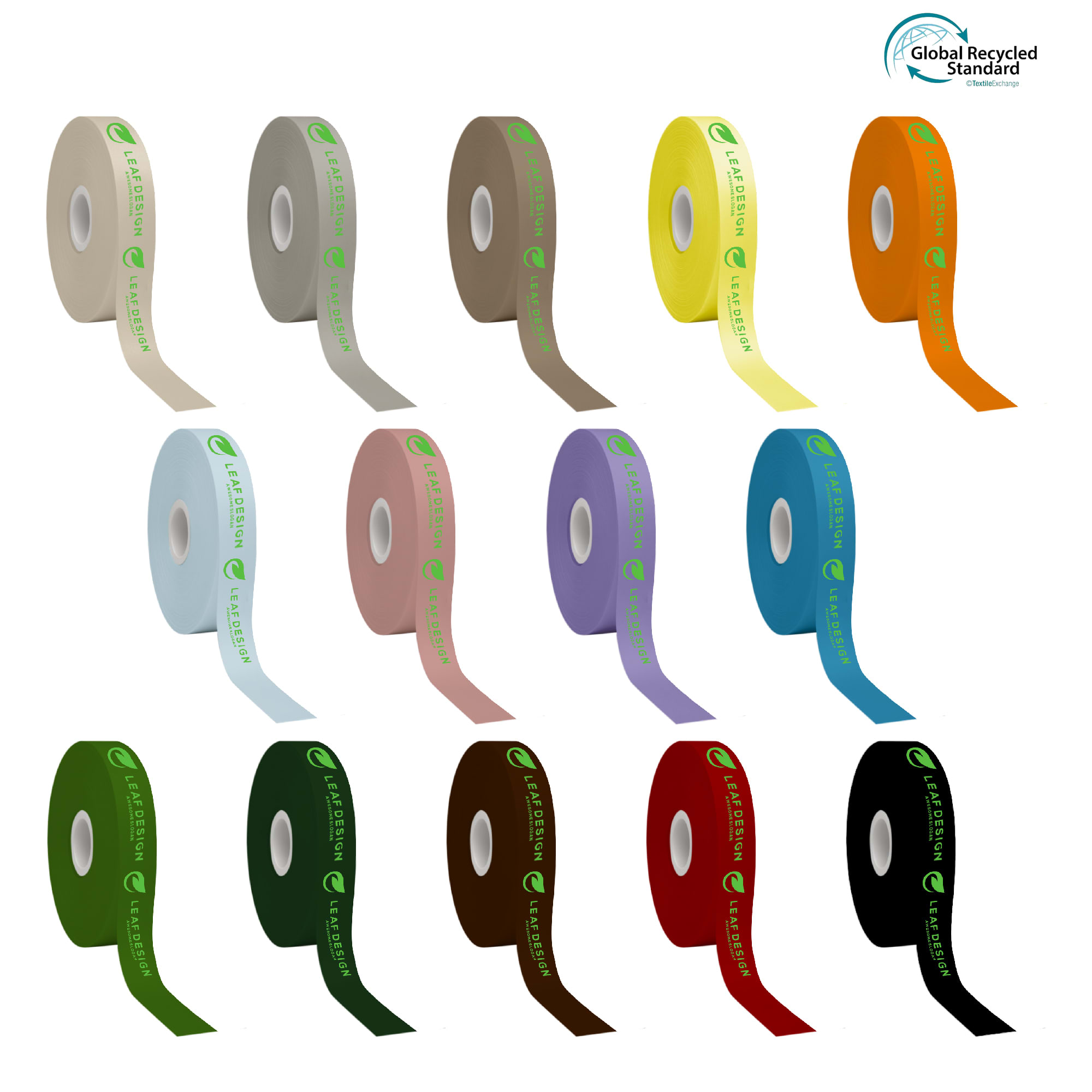A selection of RPET screen-printed satin polyester ribbons in various colours including green, brown, purple, and yellow, with branding. 16mm RPET Screen Printed Satin Polyester Ribbon - Image 1