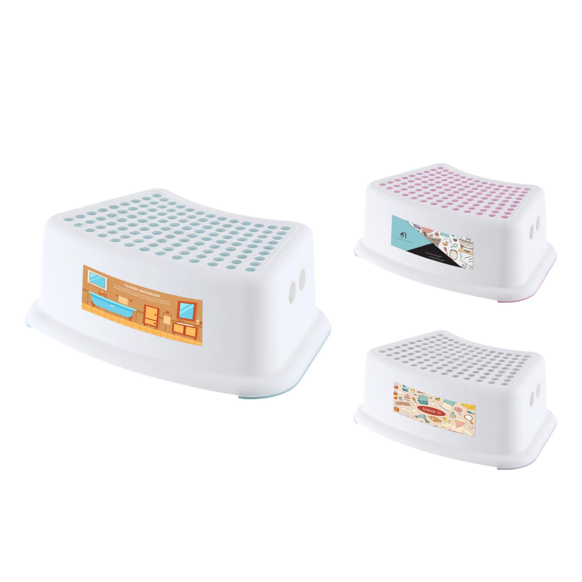 A white step stool with a textured surface, featuring pink and blue accents and various decorative designs. Step Stool - Image 1