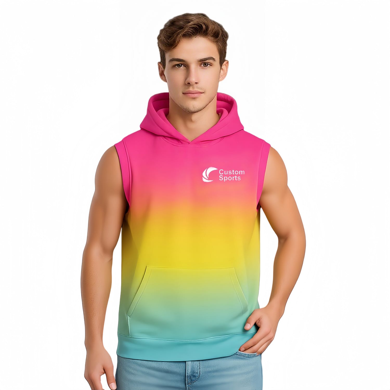 A sleeveless hoodie featuring a pink to yellow gradient, with a front pocket and a logo. 100% Polyester Micro Mesh Sublimated Sleeveless Hoodie With Pocket - Image 1