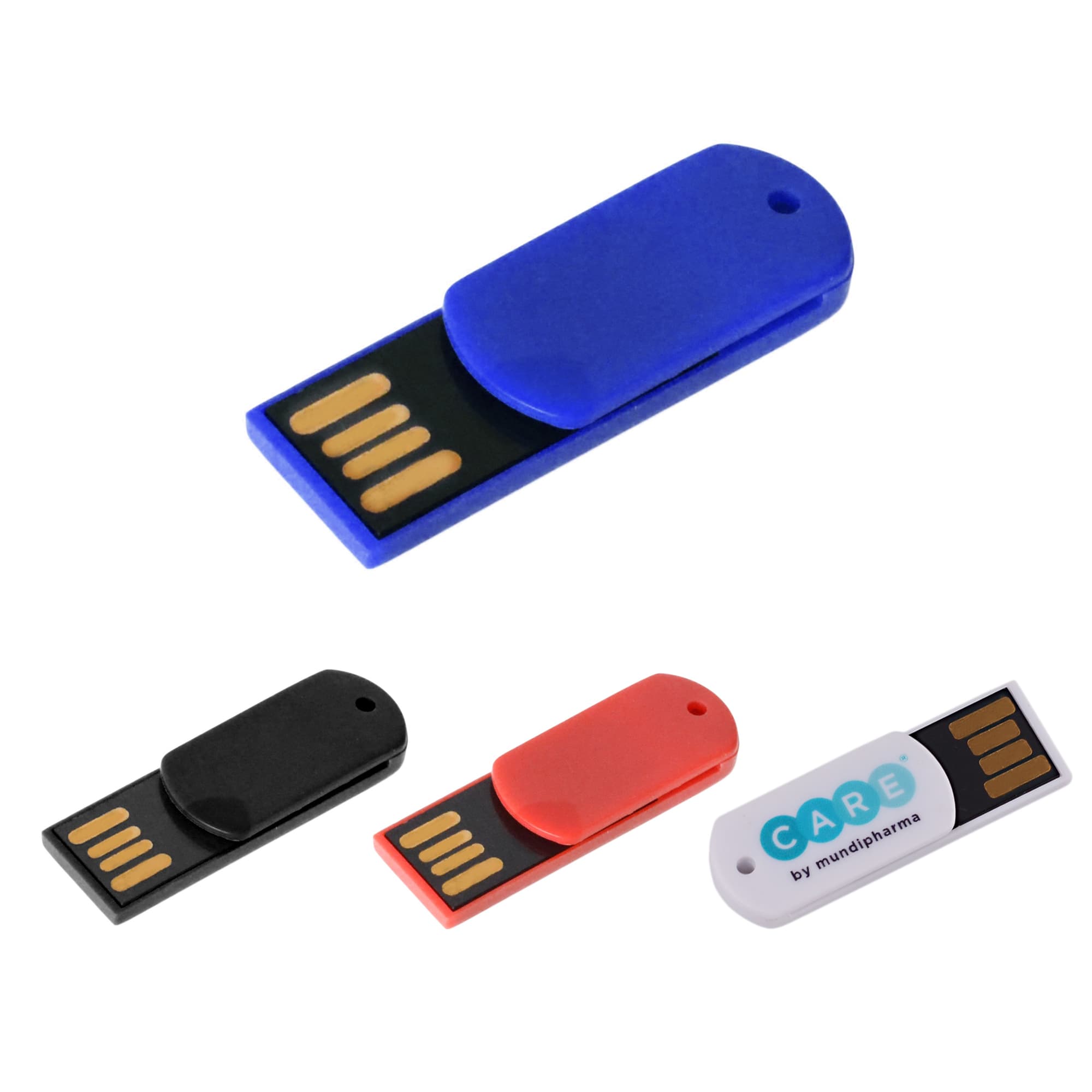 A collection of paper clip flash drives in blue, black, red, and white, featuring a logo on one model. Paper Clip Flash Drive - Image 1