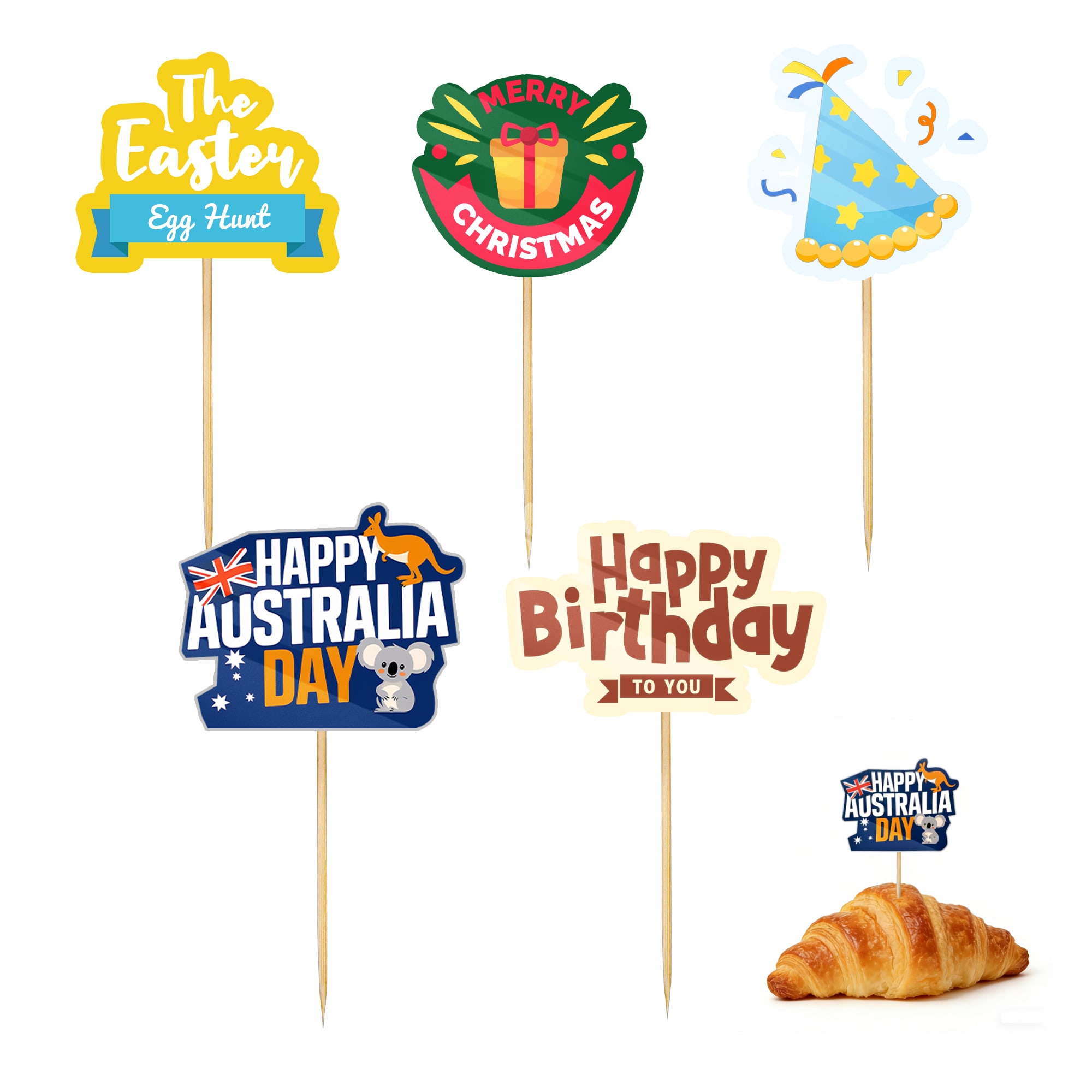 A pack of 100 custom sticker toothpicks featuring colourful designs for various celebrations, including birthdays and holidays. Pack of 100 Custom Sticker Toothpicks - Image 1