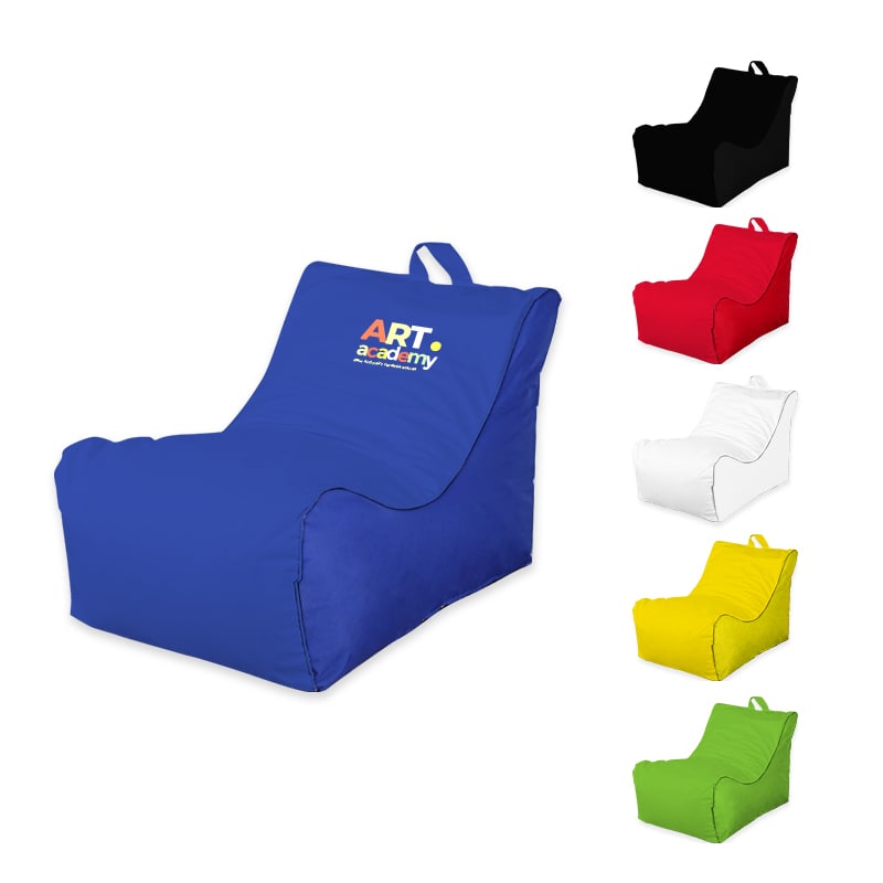 A blue Sponge Outdoor Chair with a logo, accompanied by chairs in black, red, white, and yellow. Sponge Outdoor Chair - Image 1