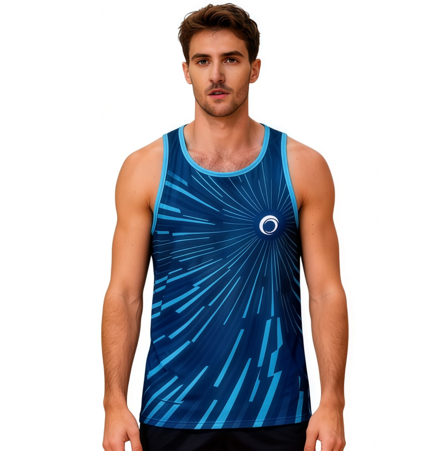 A blue and turquoise 100% polyester sublimated singlet featuring a dynamic design and a logo. 100% Polyester Sublimated Singlet - Image 1