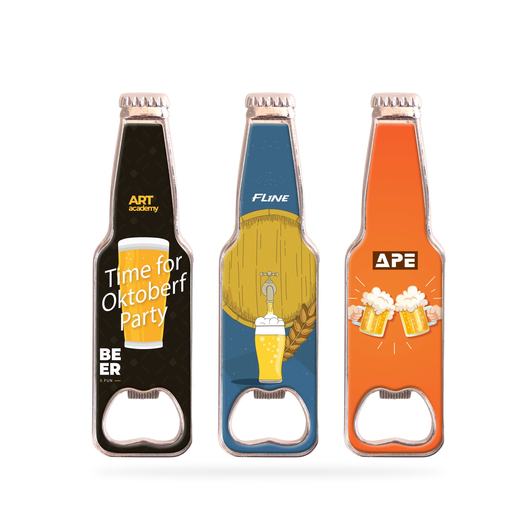 A drink bottle-shaped opener fridge magnet in various colours, featuring illustrations and a logo on each. Bottle Shaped Opener Fridge Magnet - Image 1