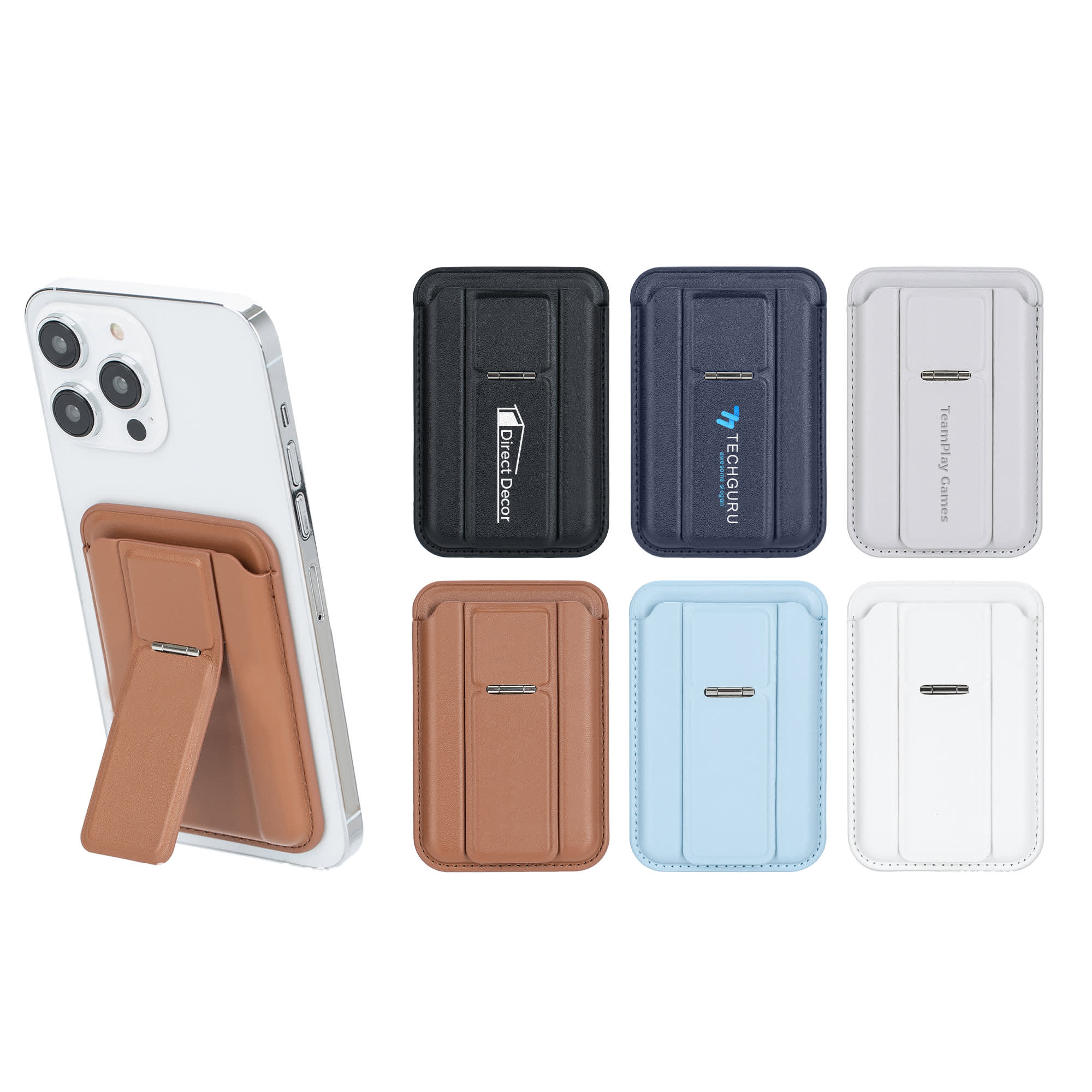 A PU magnetic card holder with a phone stand, available in various colours including brown, black, navy, and light blue. PU Magnetic Card Holder with Phone Stand - Image 1