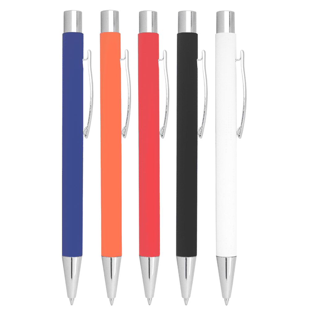 A collection of five metal ballpoint pens in blue, orange, red, black, and white, each with a silver clip. Gorica Click Action Ballpoint Pen - Image 1