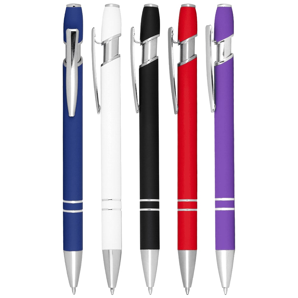 A collection of Talara Click Action Ballpoint Pens in blue, white, black, red, and purple with silver accents. Talara Click Action Ballpoint Pen - Image 1
