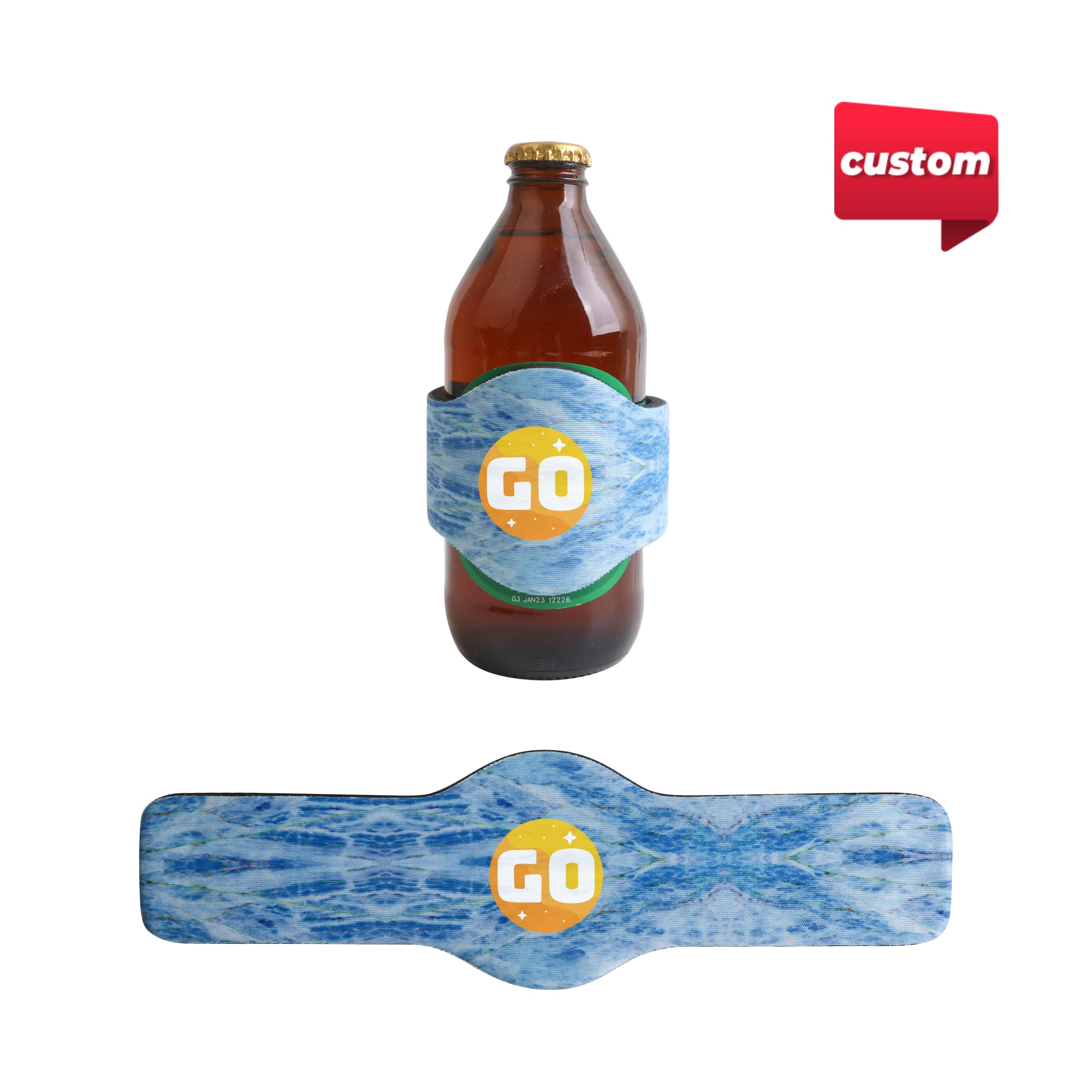 A drink bottle with a custom shape slap stubby holder featuring a blue ocean design and a logo. Custom Shape Slap Stubby Holder - Image 1