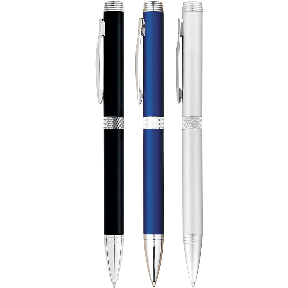 Three metal twist-action ballpoint pens in black, blue, and silver, each featuring a clip and decorative silver accents. Colonnade Twist Action Ballpoint Pen - Image 1