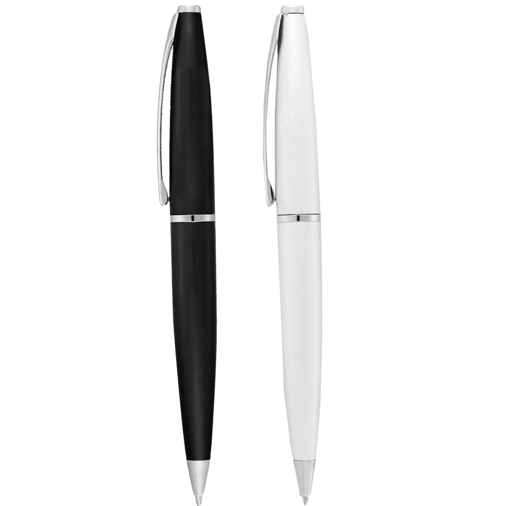 A set of two twist action pens, one in black and the other in white, featuring silver accents and a logo. Grobisen Series Twist Action Pen - Image 1