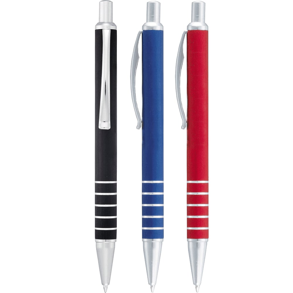 A set of three Kingston Click Ballpoint Pens in black, blue, and red, featuring silver accents and a sleek design. Kingston Click Ballpoint Pen - Image 1